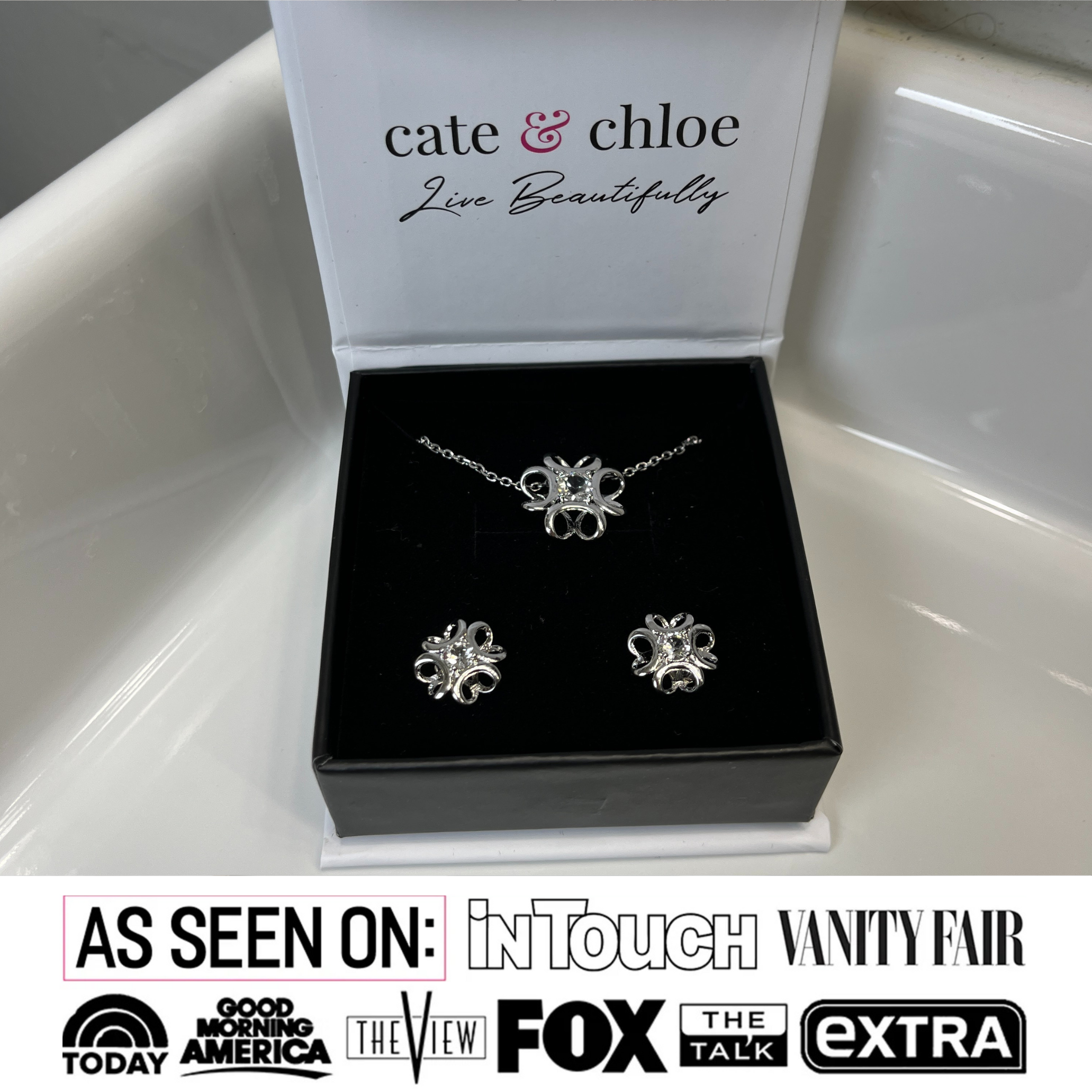 Alexis 18k White Gold Plated Flower Earring and Necklace Set with Swarovski Crystals