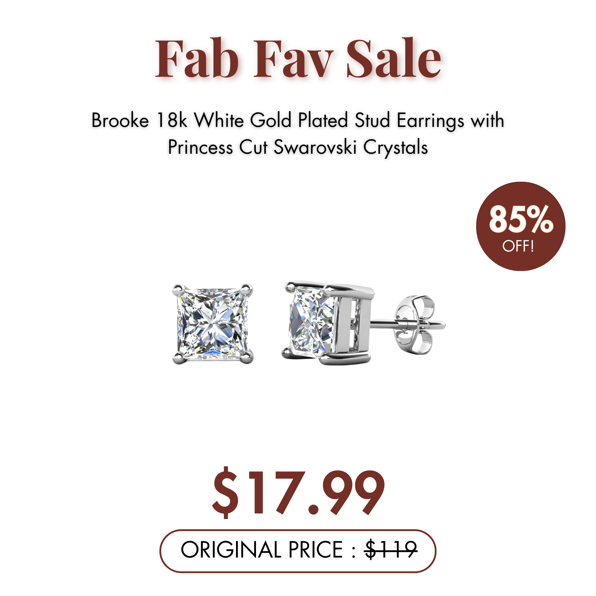 Brooke 18k White Gold Plated Stud Earrings with Princess Cut Swarovski Crystals — Fab Fav Sale