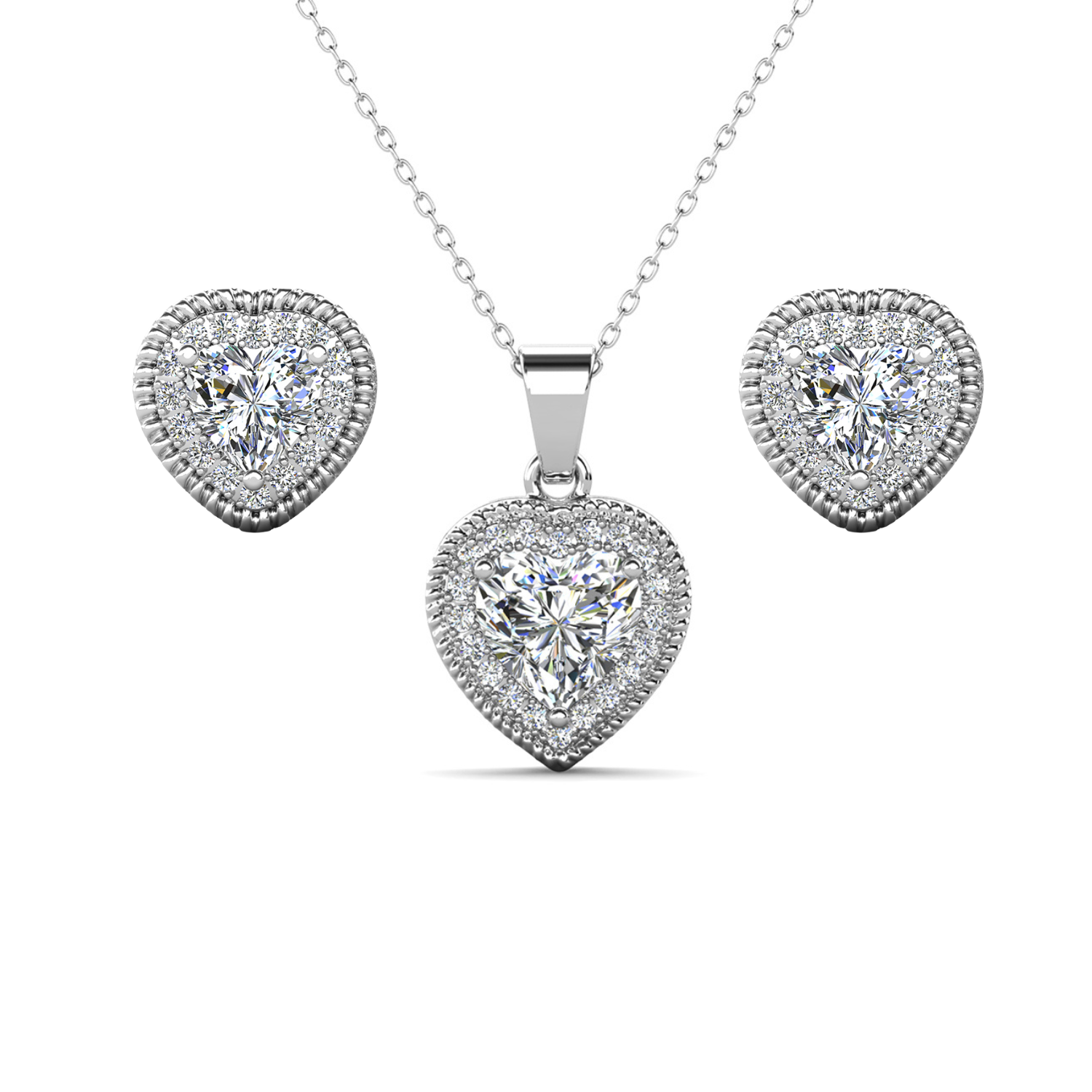 Coraline 18k White Gold Plated Heart Stud Earrings and Necklace Jewelry Set with Simulated Diamond Crystals