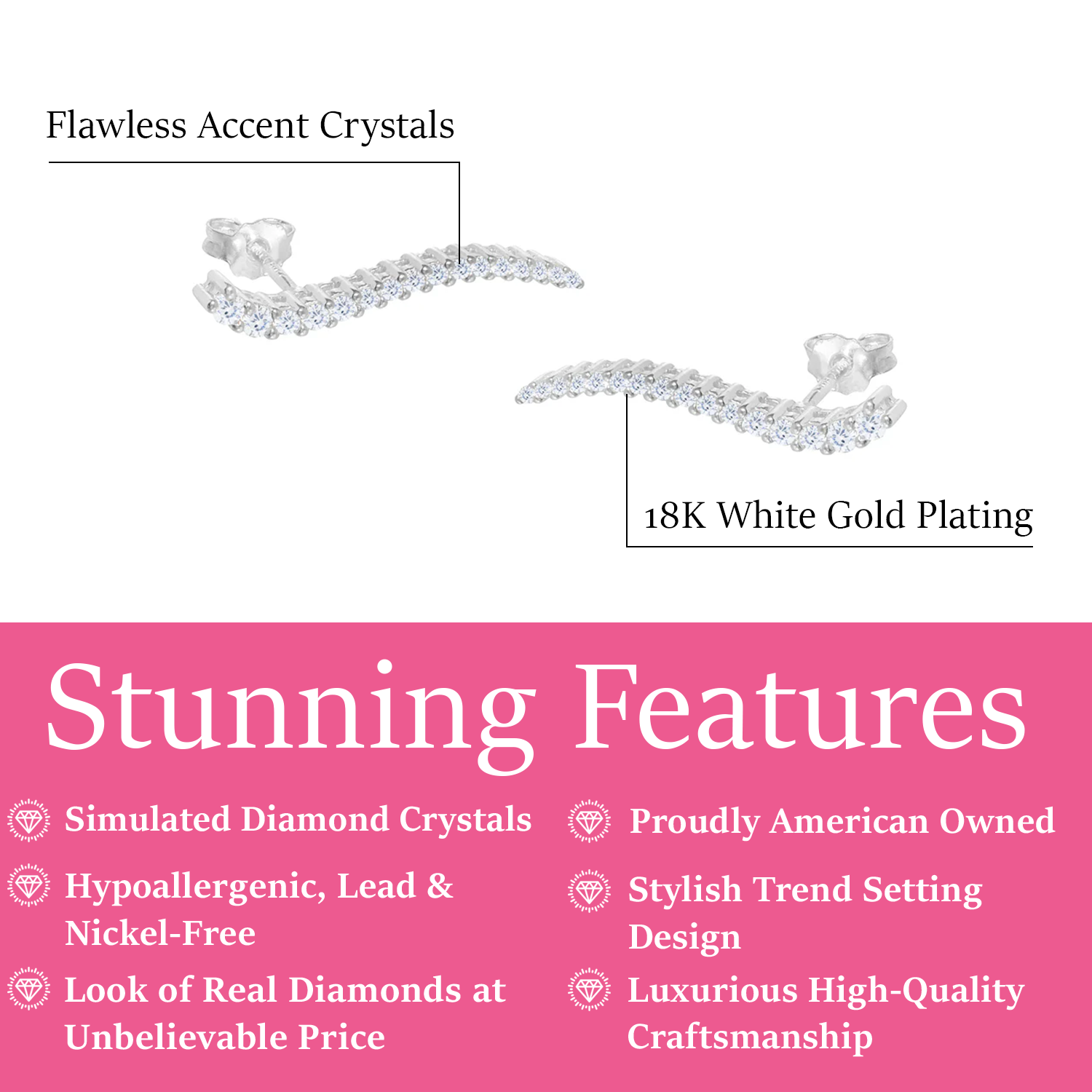 Isabella 18k White Gold Plated Sterling Silver Ear Climber Earrings with Simulated Diamond Crystals — Fab Fav Sale