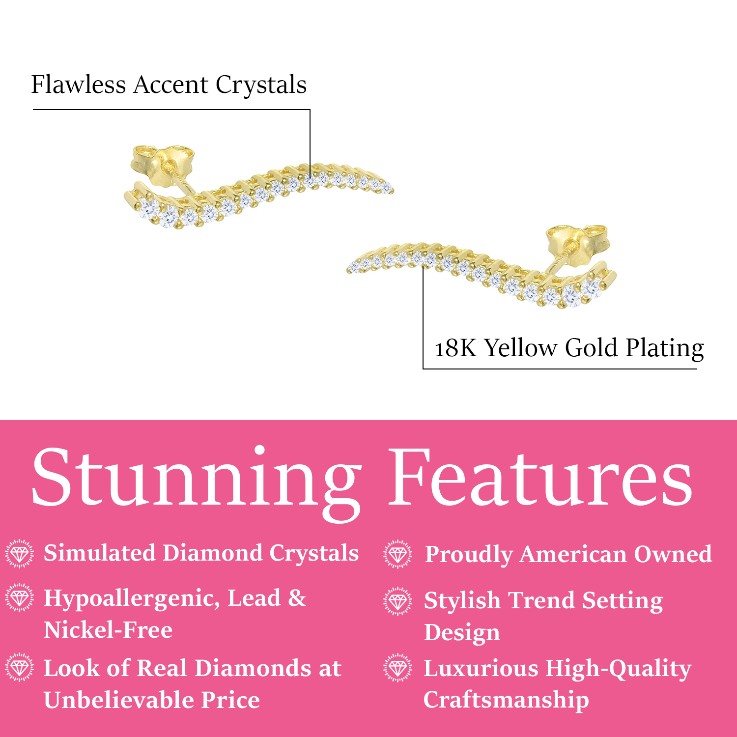 Isabella 18k White Gold Plated Sterling Silver Ear Climber Earrings with Simulated Diamond Crystals — Fab Fav Sale