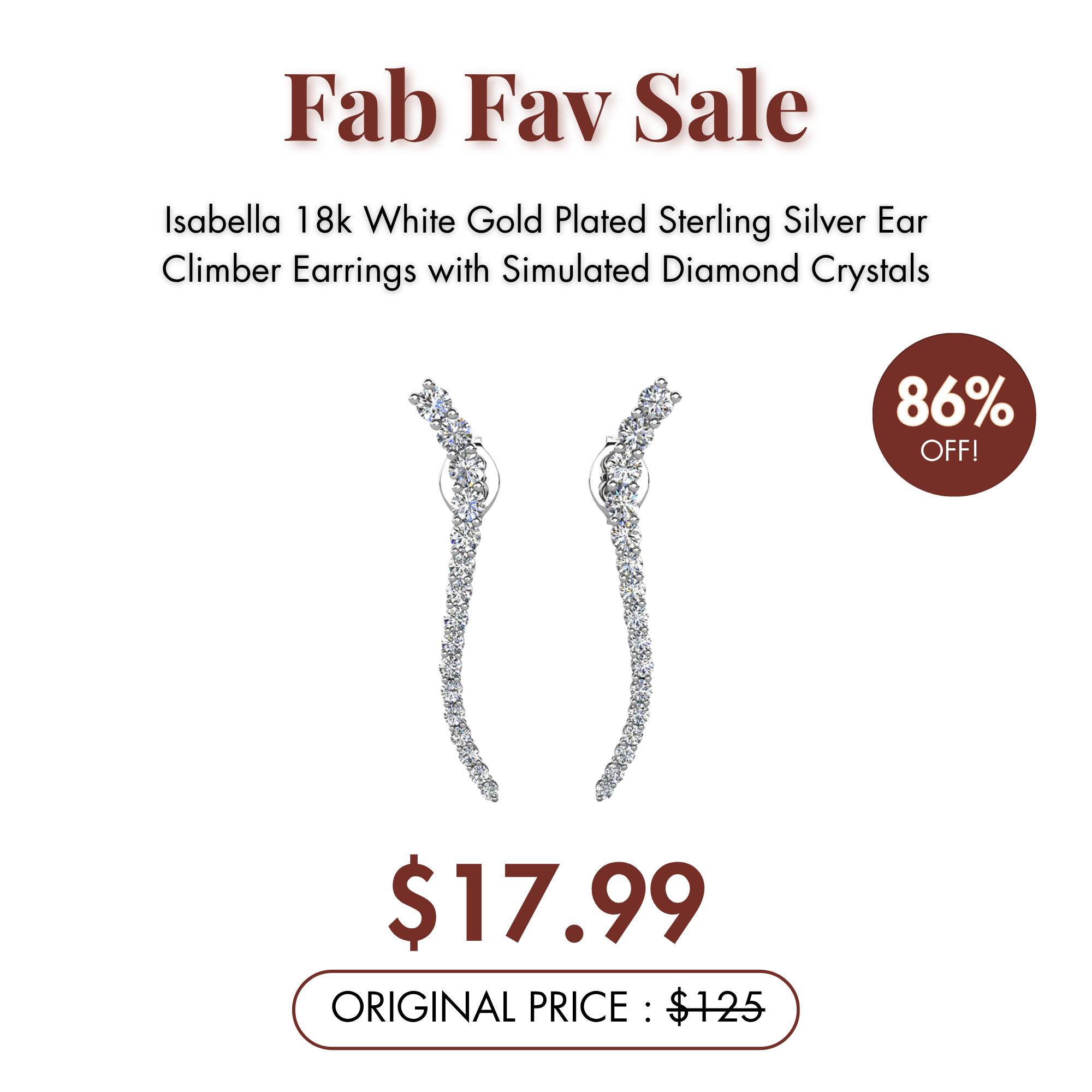 Isabella 18k White Gold Plated Sterling Silver Ear Climber Earrings with Simulated Diamond Crystals — Fab Fav Sale