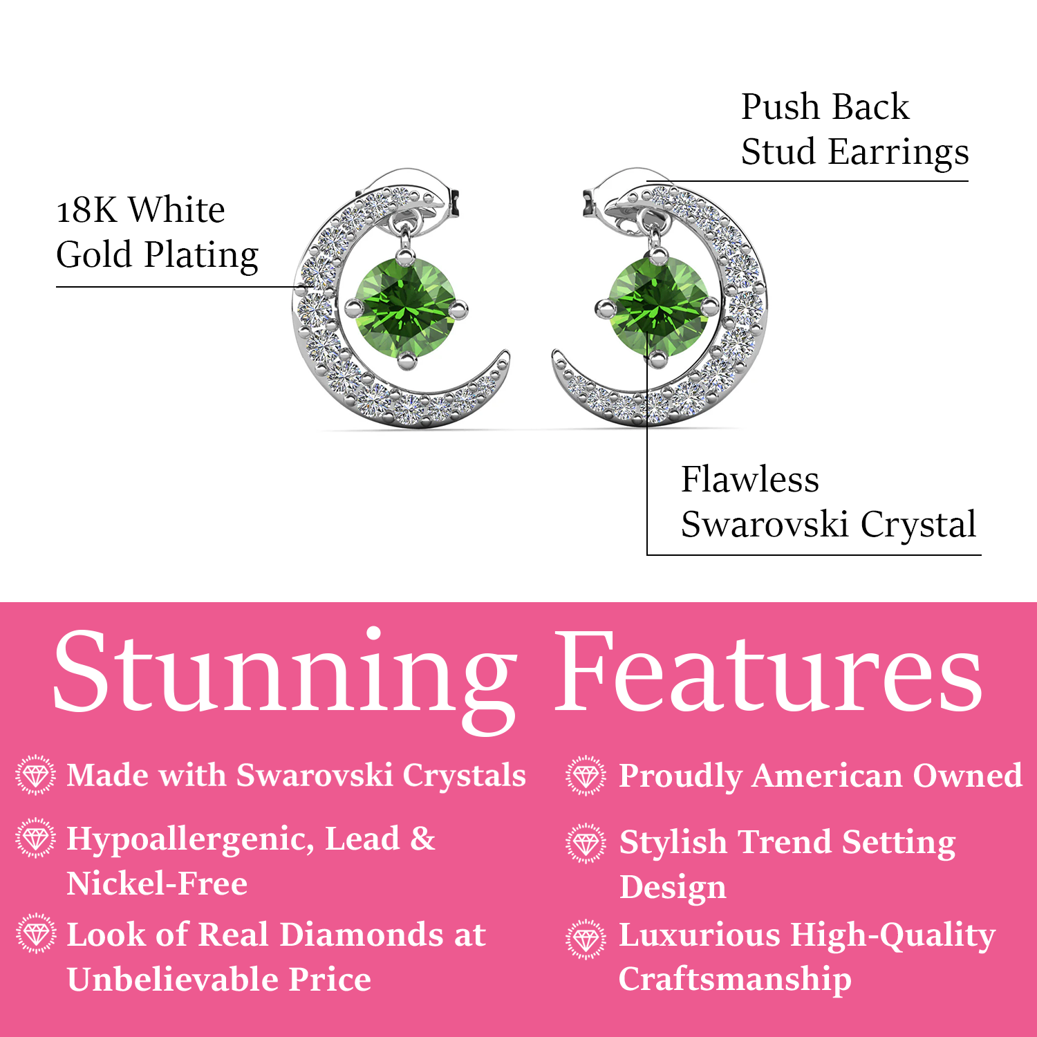 Luna August Birthstone Peridot Earrings 18k White Gold Plated Crescent Stud Earrings with Round Cut Swarovski Crystals