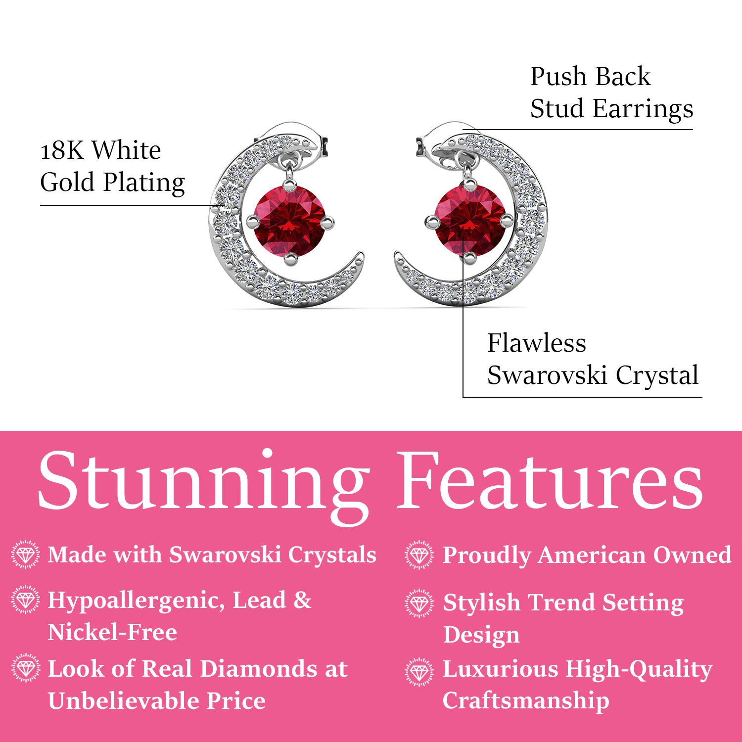 Luna January Birthstone Garnet Earrings 18k White Gold Plated Crescent Stud Earrings with Round Cut Swarovski Crystals