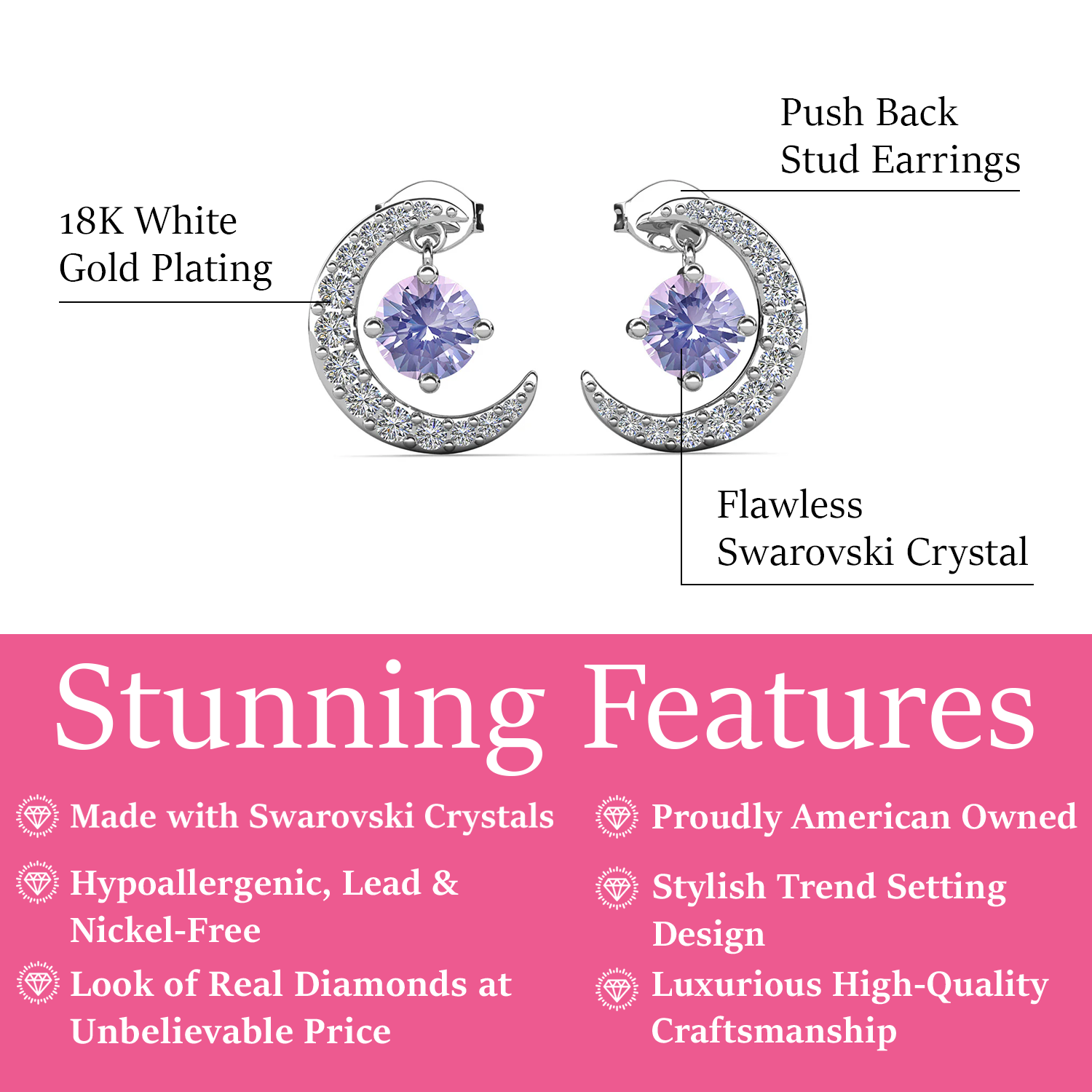 Luna June Birthstone Alexandrite Earrings 18k White Gold Plated Crescent Stud Earrings with Round Cut Swarovski Crystals