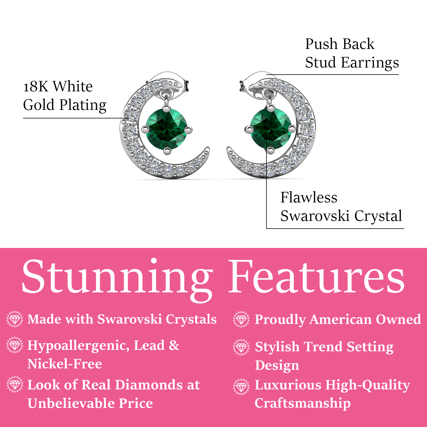 Luna May Birthstone Emerald Earrings 18k White Gold Plated Crescent Stud Earrings with Round Cut Swarovski Crystals