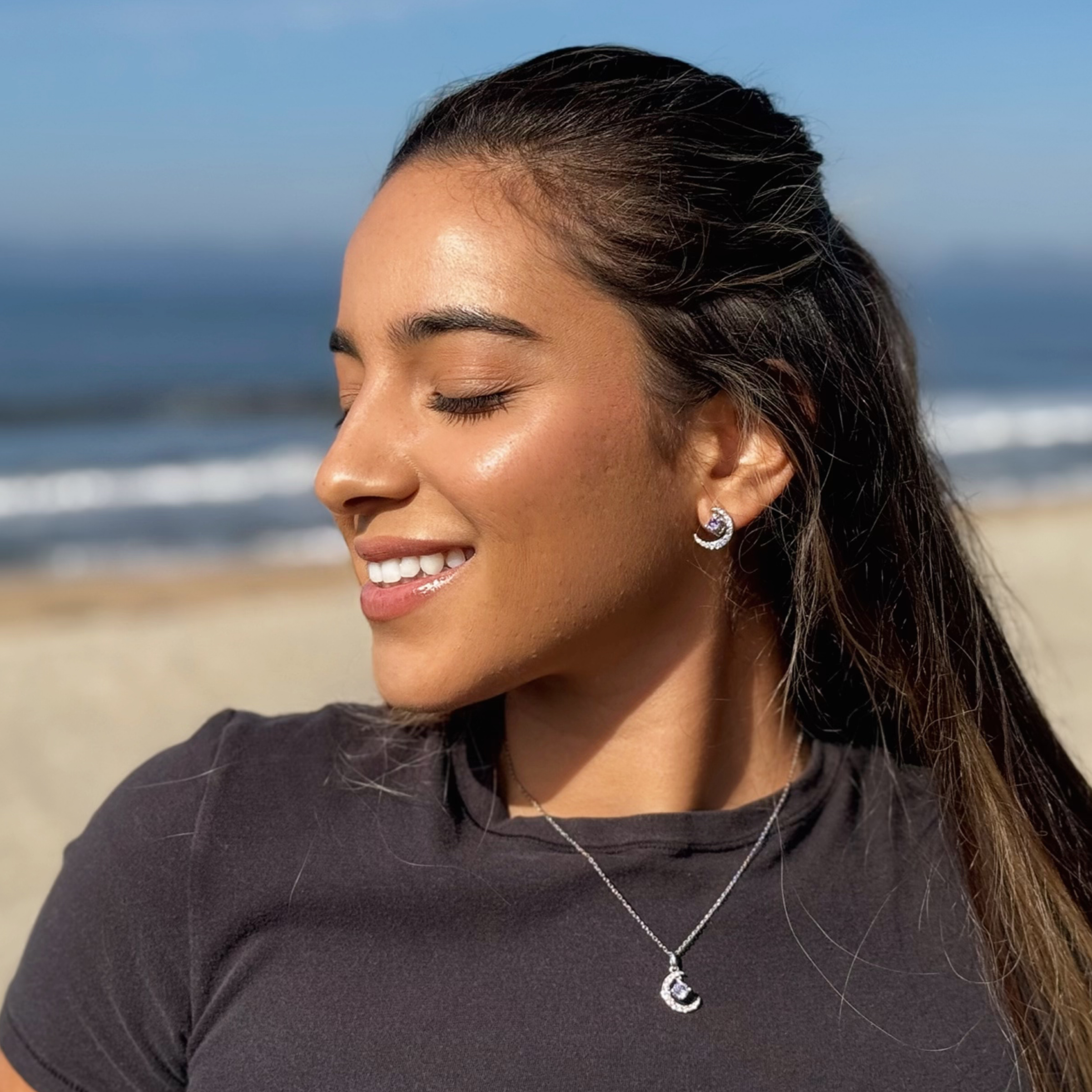 Luna January Birthstone Garnet Necklace 18k White Gold Plated Crescent Pendant Necklace with Round Cut Swarovski Crystals