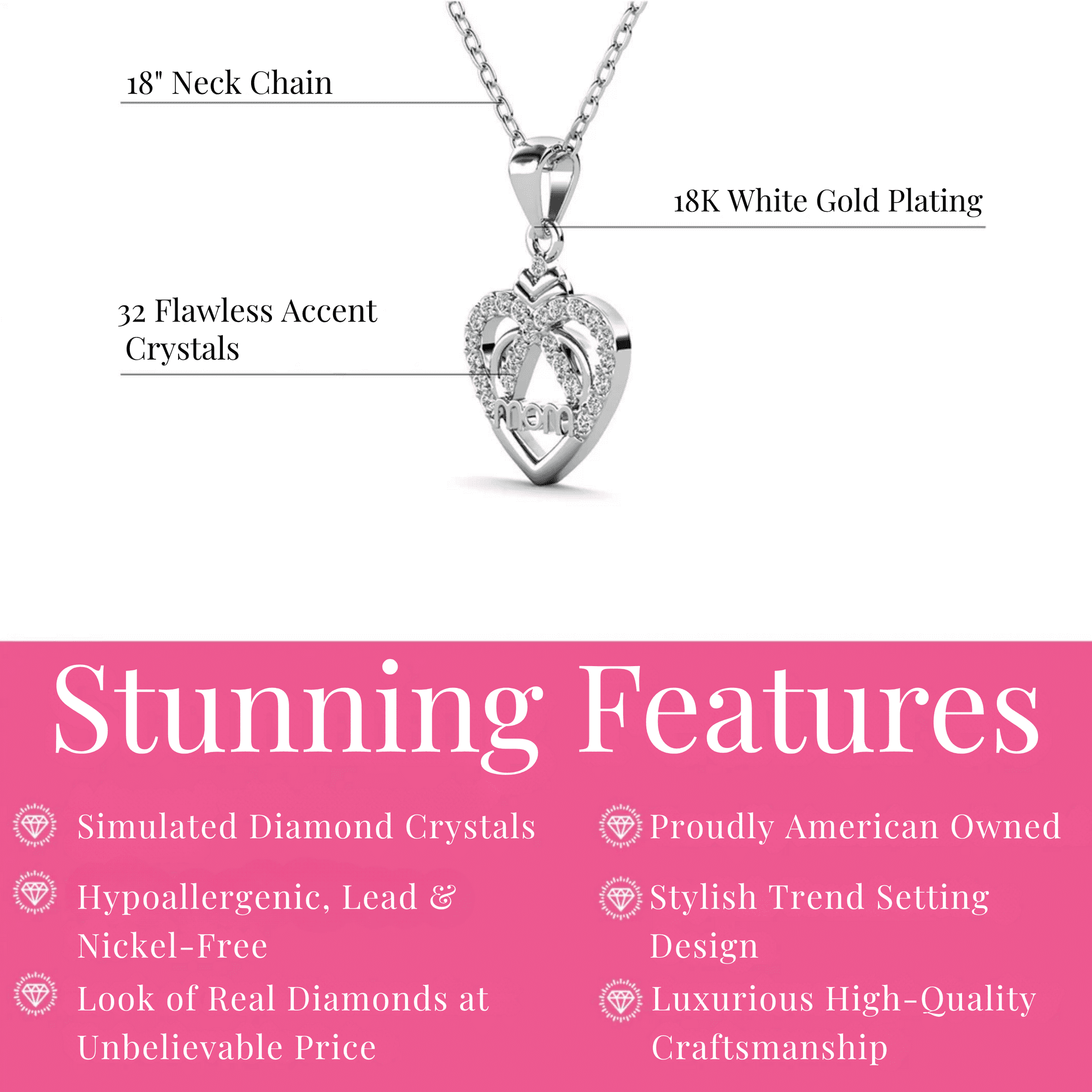 Jenna 18k White Gold Plated Necklace with Swarovski Crystals & Heartfelt Message for Mom