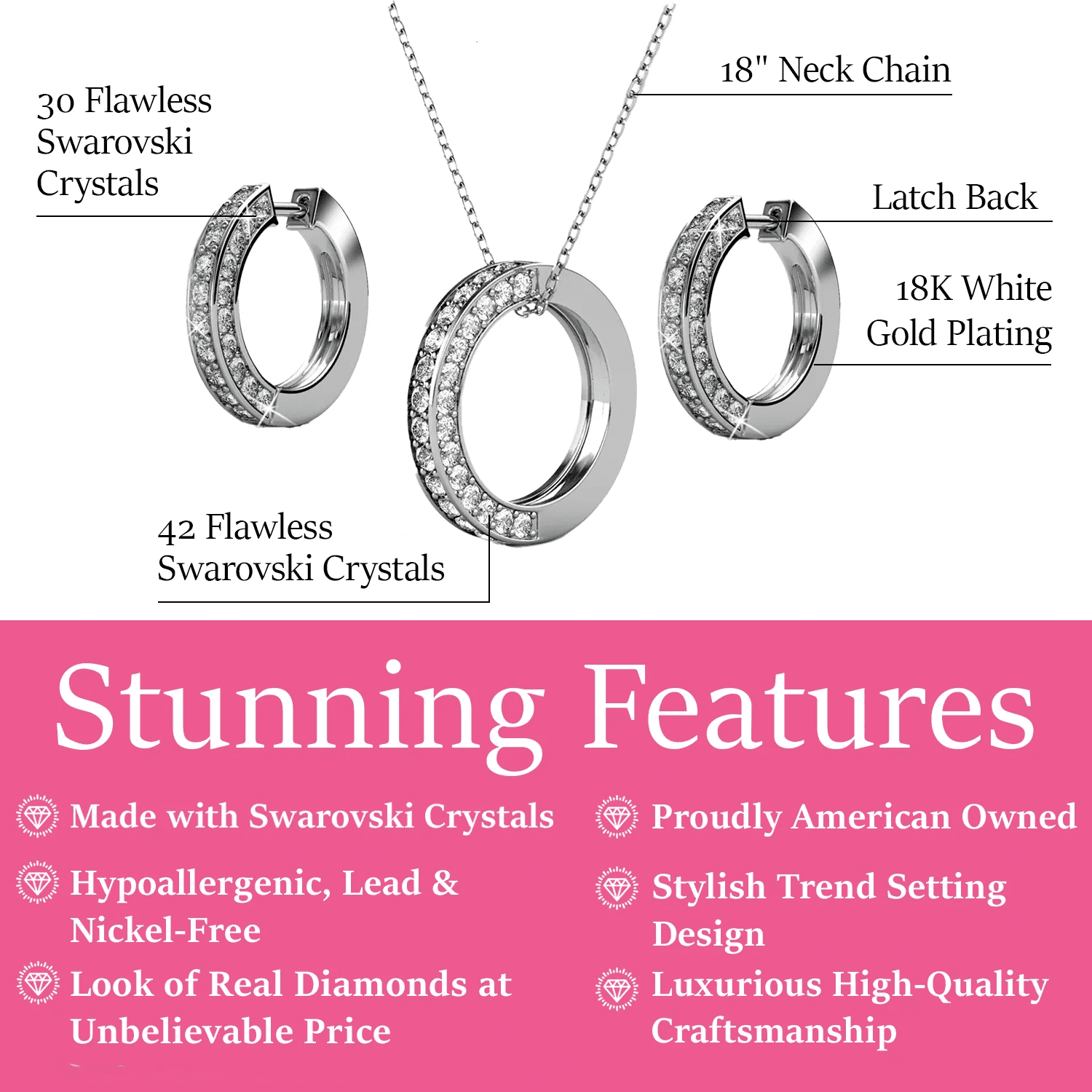 Viviana 18k White Gold Plated Hoop Pendant Necklace and Earring Set with Swarovski Crystals