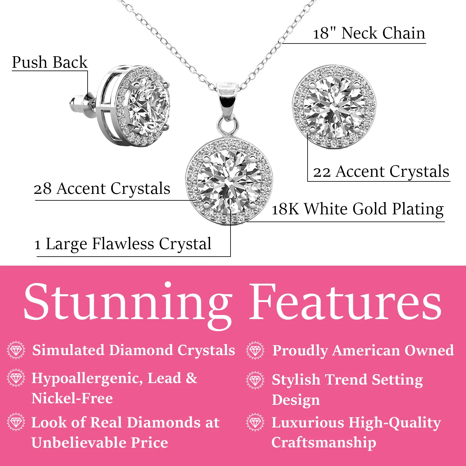 Ariel 18k White Gold Plated Halo Stud Earrings and Necklace Jewelry Set with Simulated Diamond Crystals