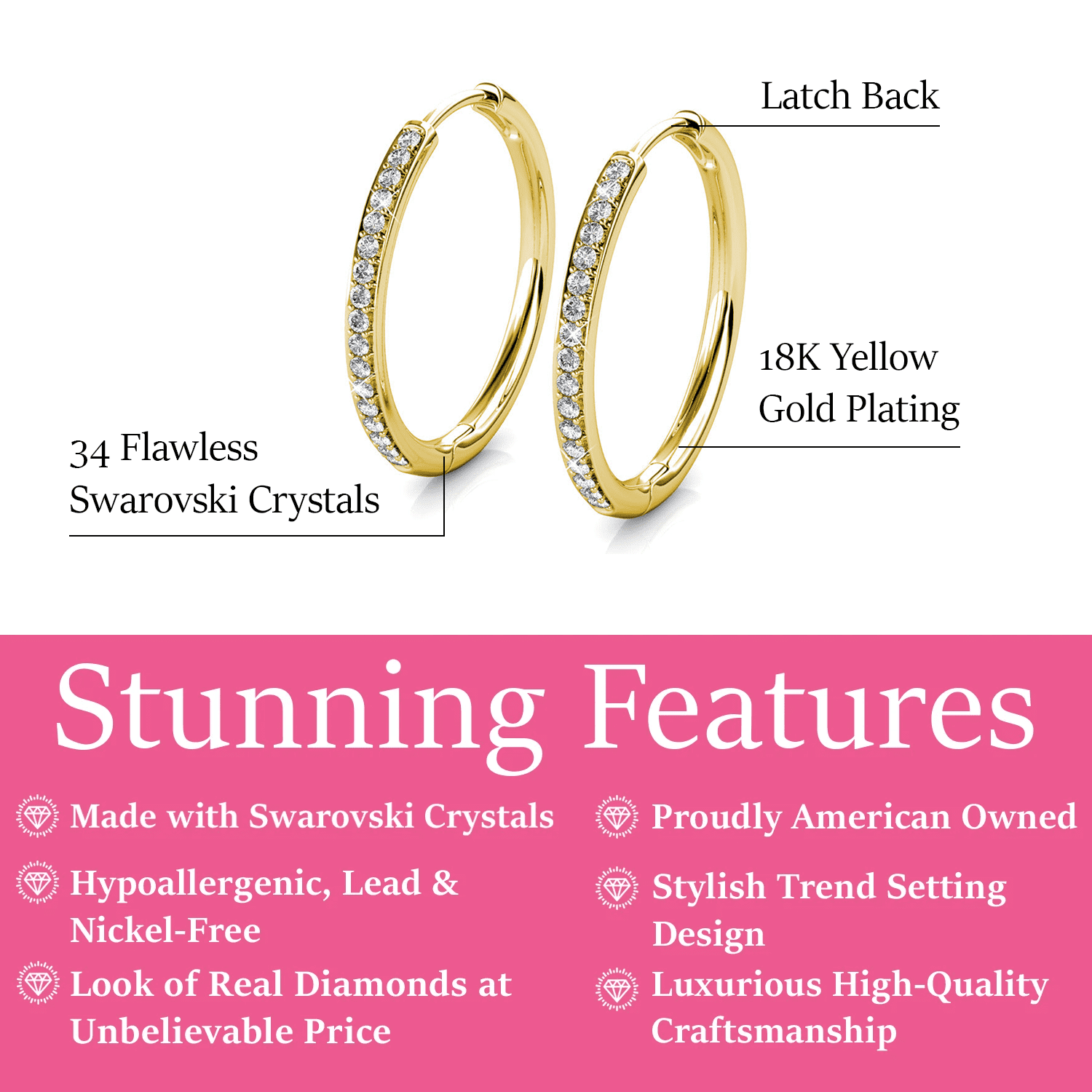 Bianca 18k White Gold Plated 25mm Silver Hoop Earrings with Swarovski Crystals