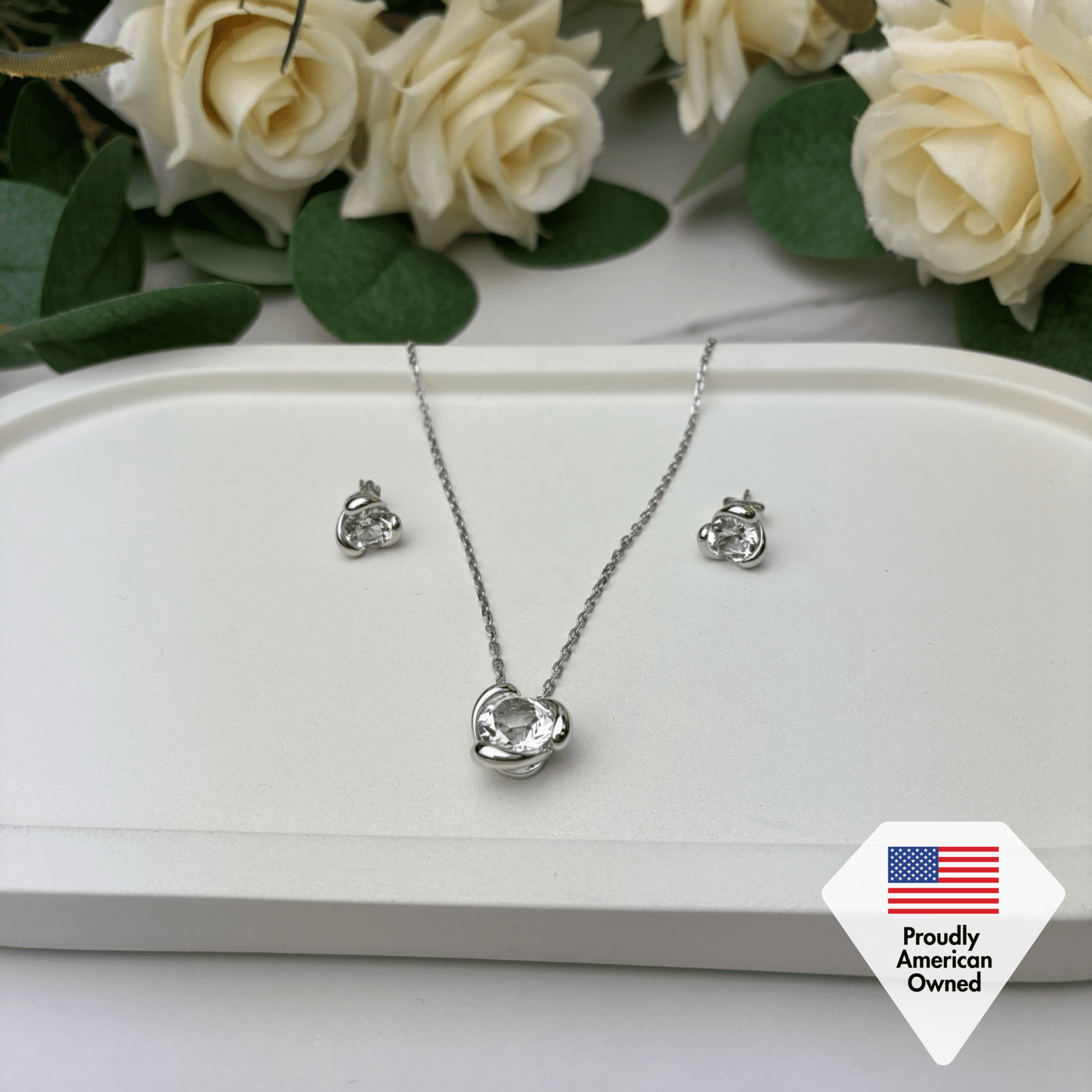 Harmony 18k White Gold Necklace and Stud Earrings Jewelry Set with Swarovski Crystals