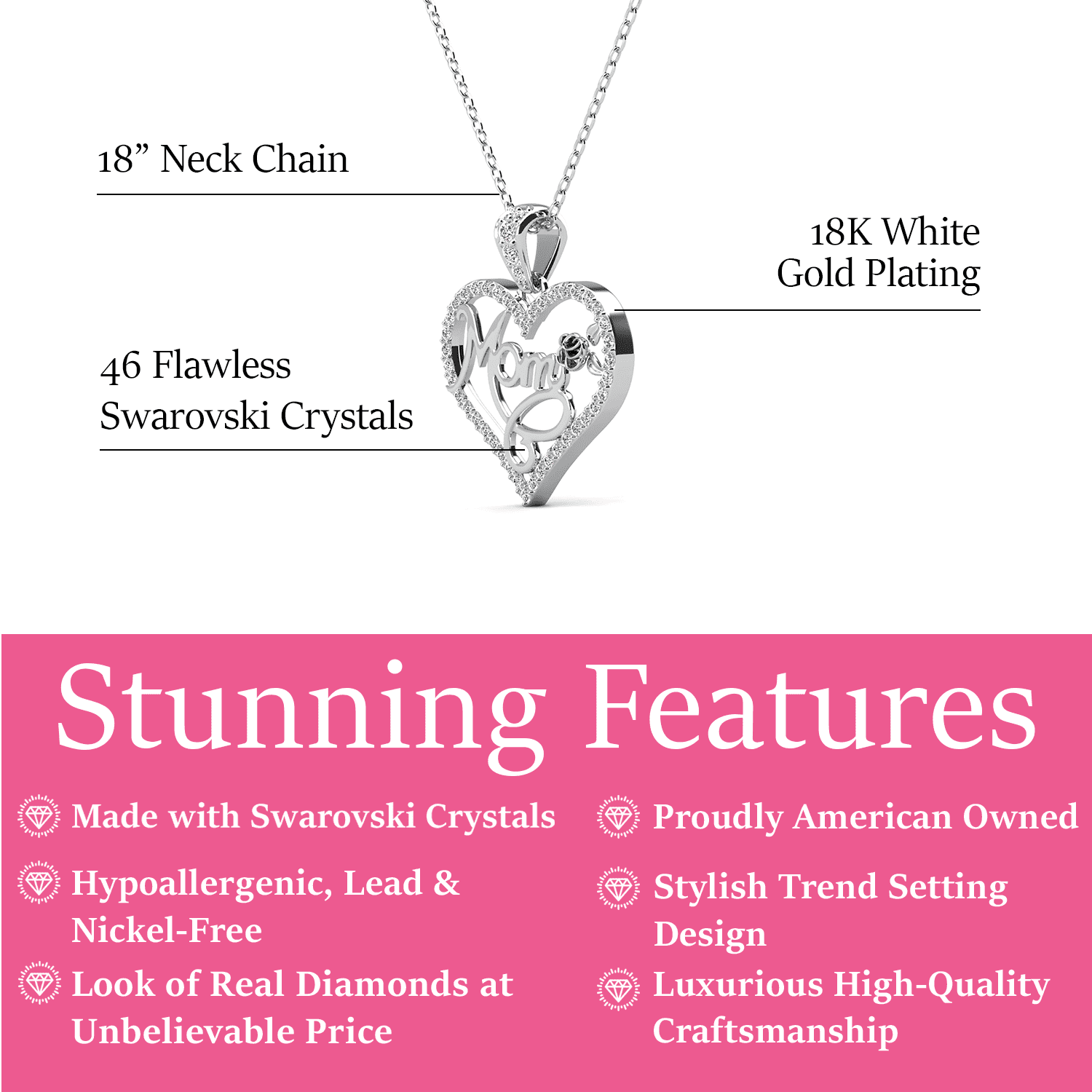 Rhonda 18k White Gold Plated Necklace with Swarovski Crystals & Heartfelt Message for Mom