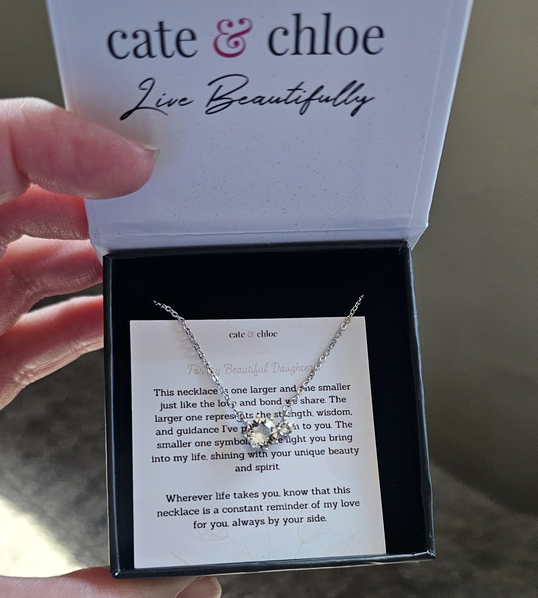 Emma 18k White Gold Plated 2-Stone Pendant Necklace with Swarovski Crystals & Sentimental Message for Daughter
