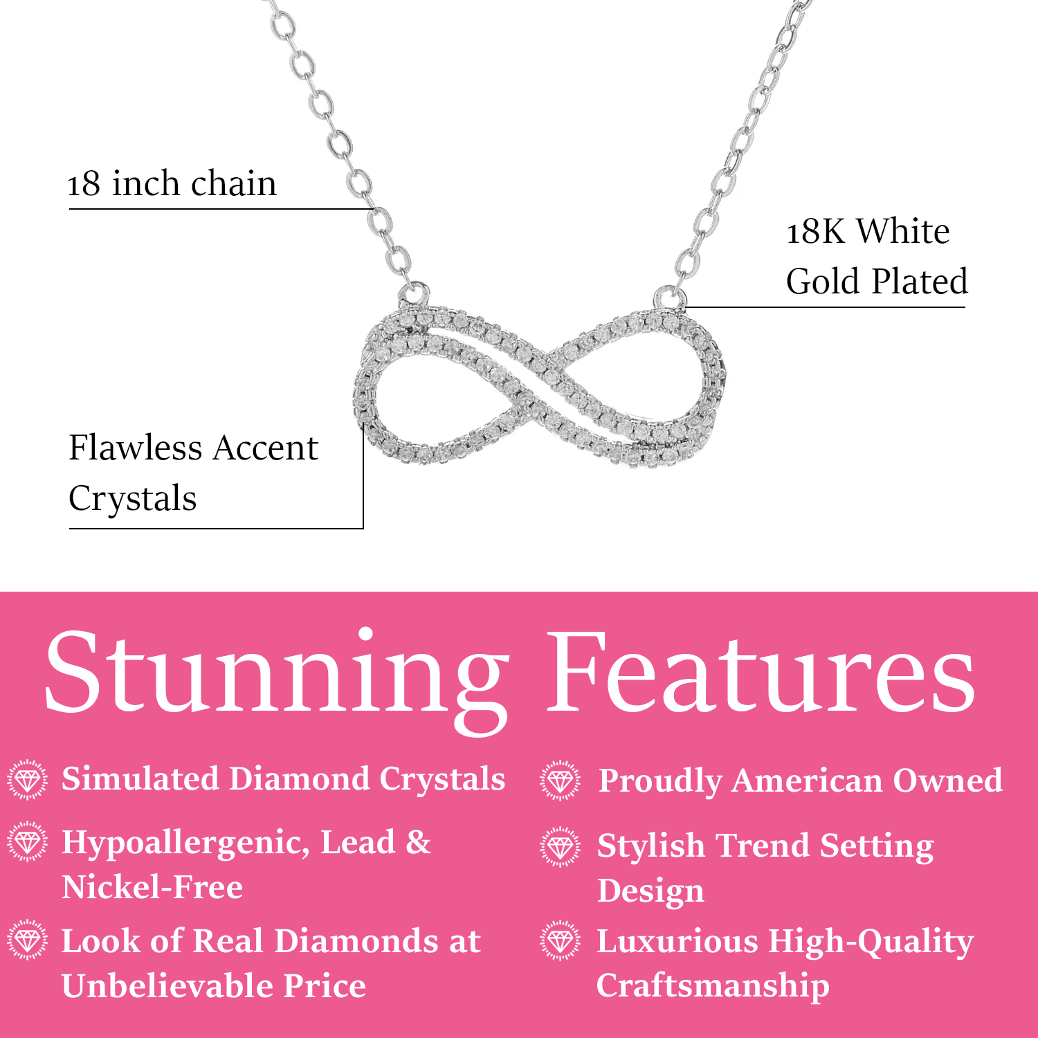 Tansy 18k White Gold Plated Infinity Pendant Necklace with Simulated Diamond Crystals