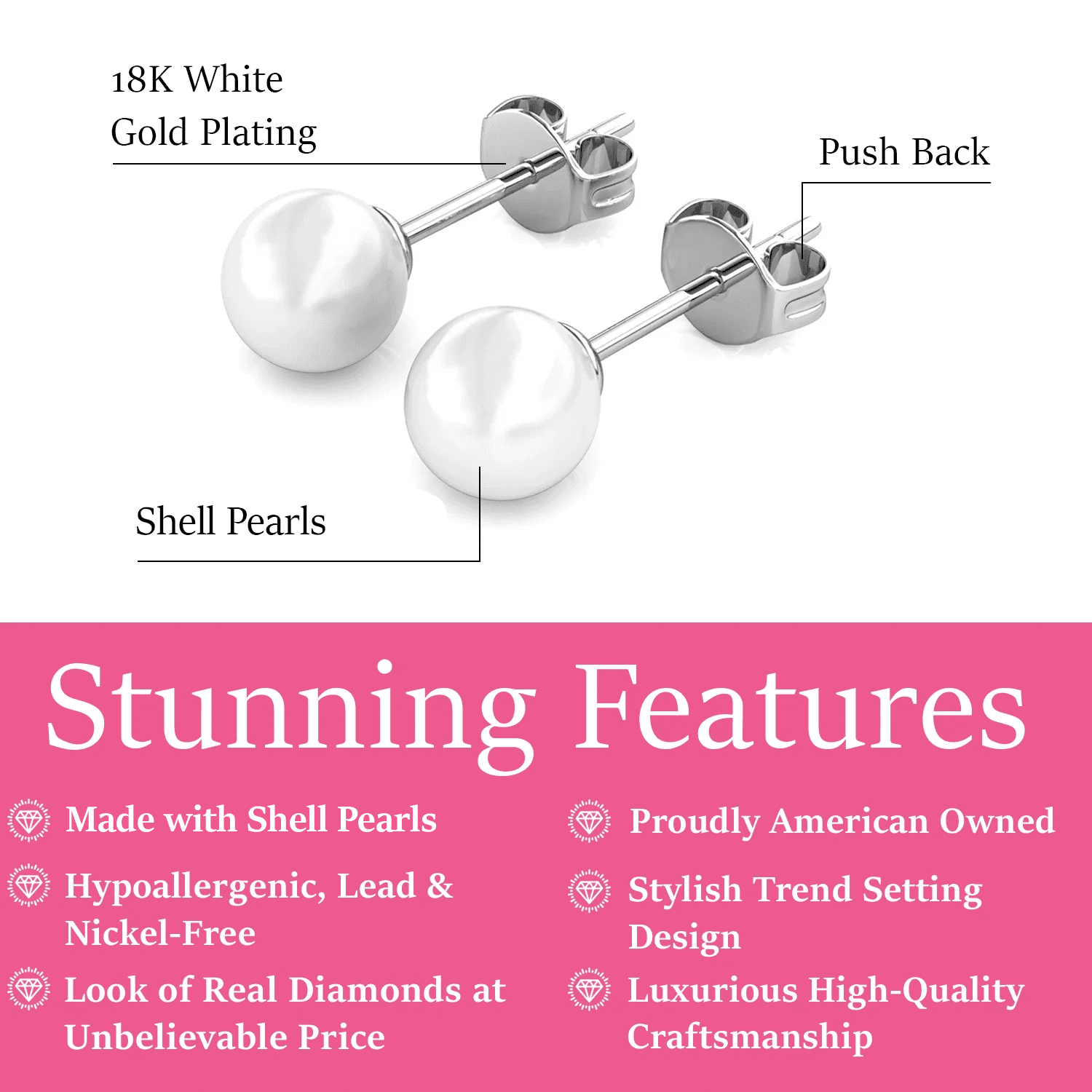 Vivienne 18k White Gold Plated Stud Earrings with Shell Pearls