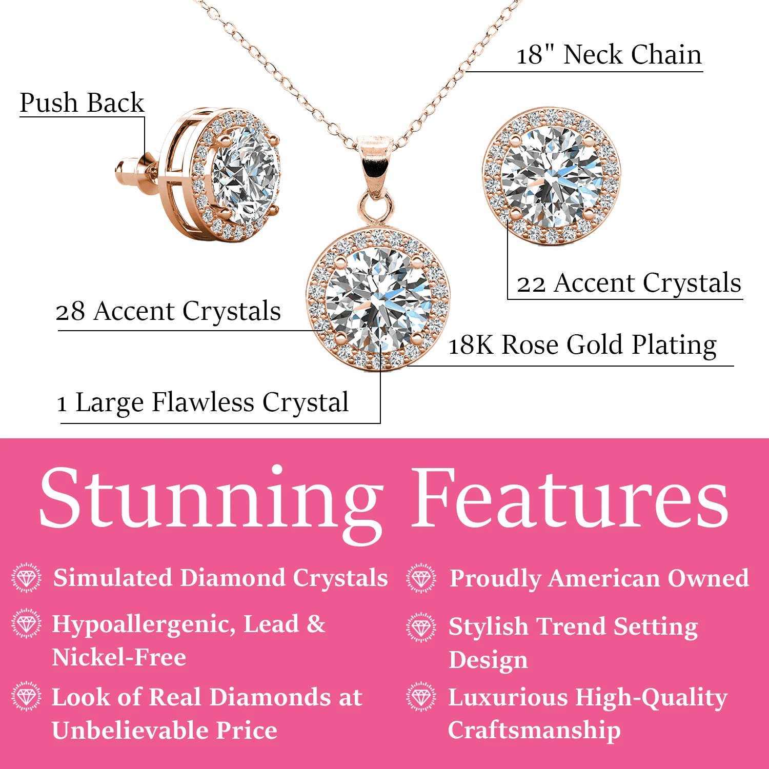 Ariel 18k White Gold Plated Halo Stud Earrings and Necklace Jewelry Set with Simulated Diamond Crystals