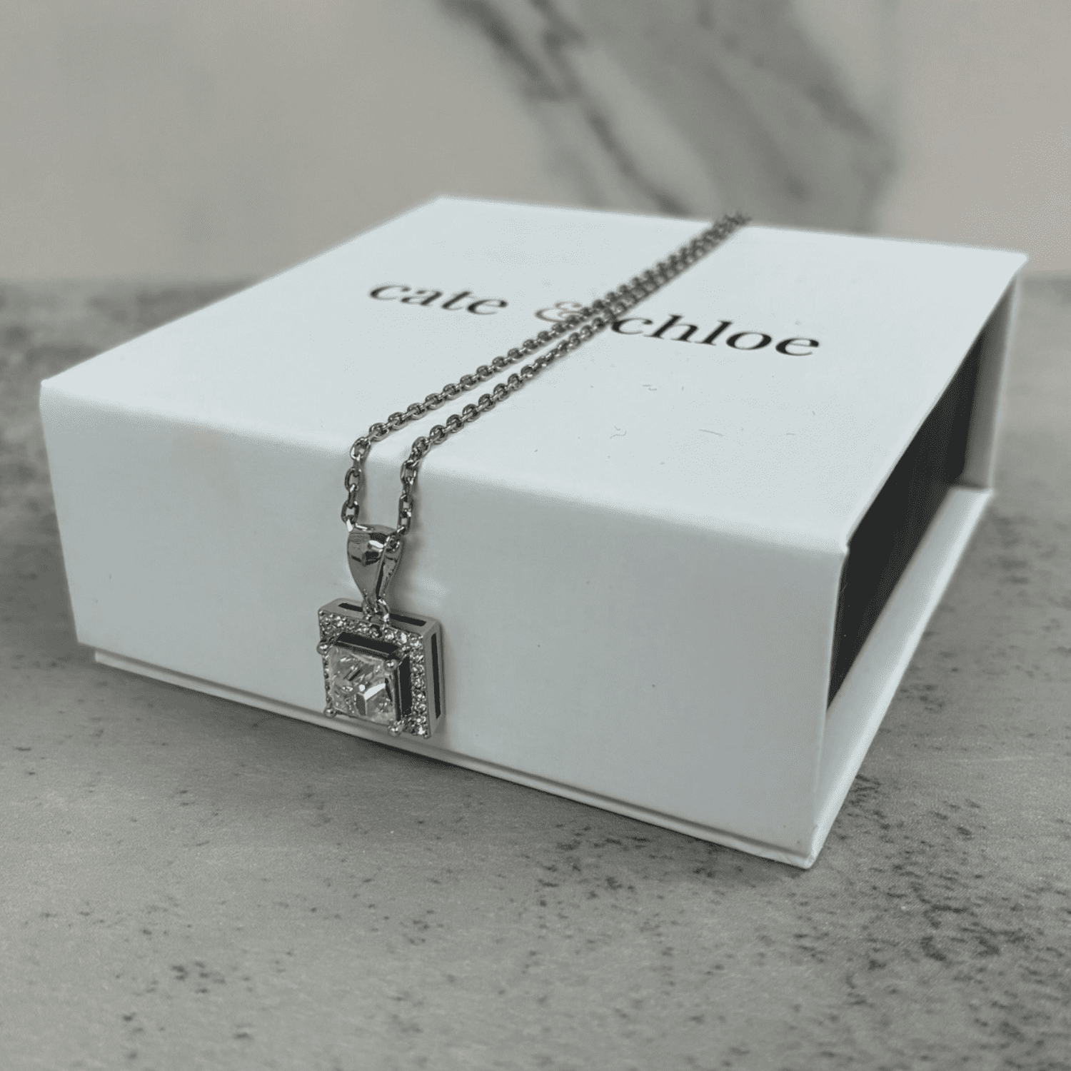 Ekatrina 18k White Gold Plated Halo Pendant Necklace with Sparkling Square Cut Swarovski Crystal