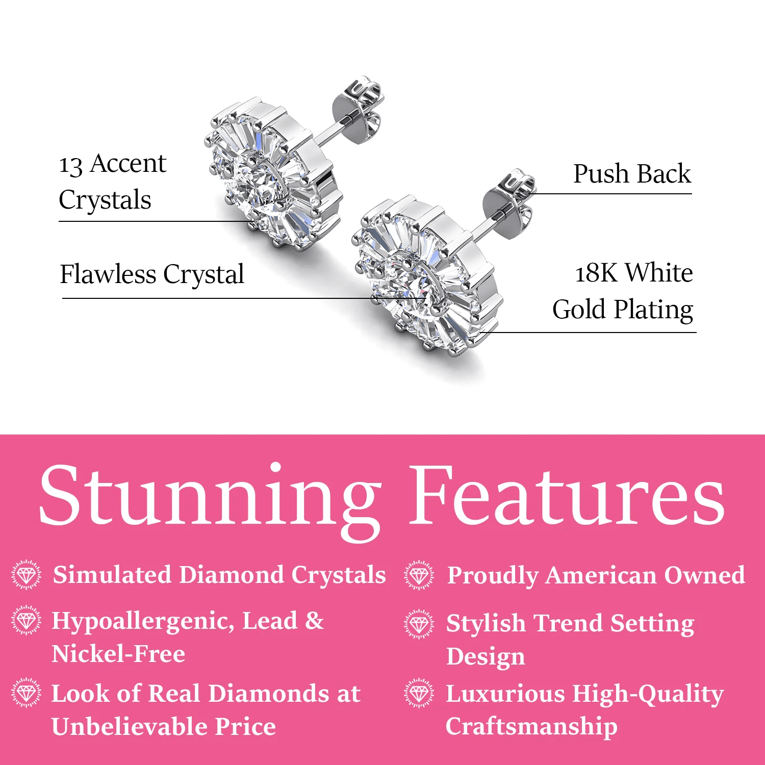Ellee 18k White Gold Plated Stud Earrings with Simulated Diamond Crystals