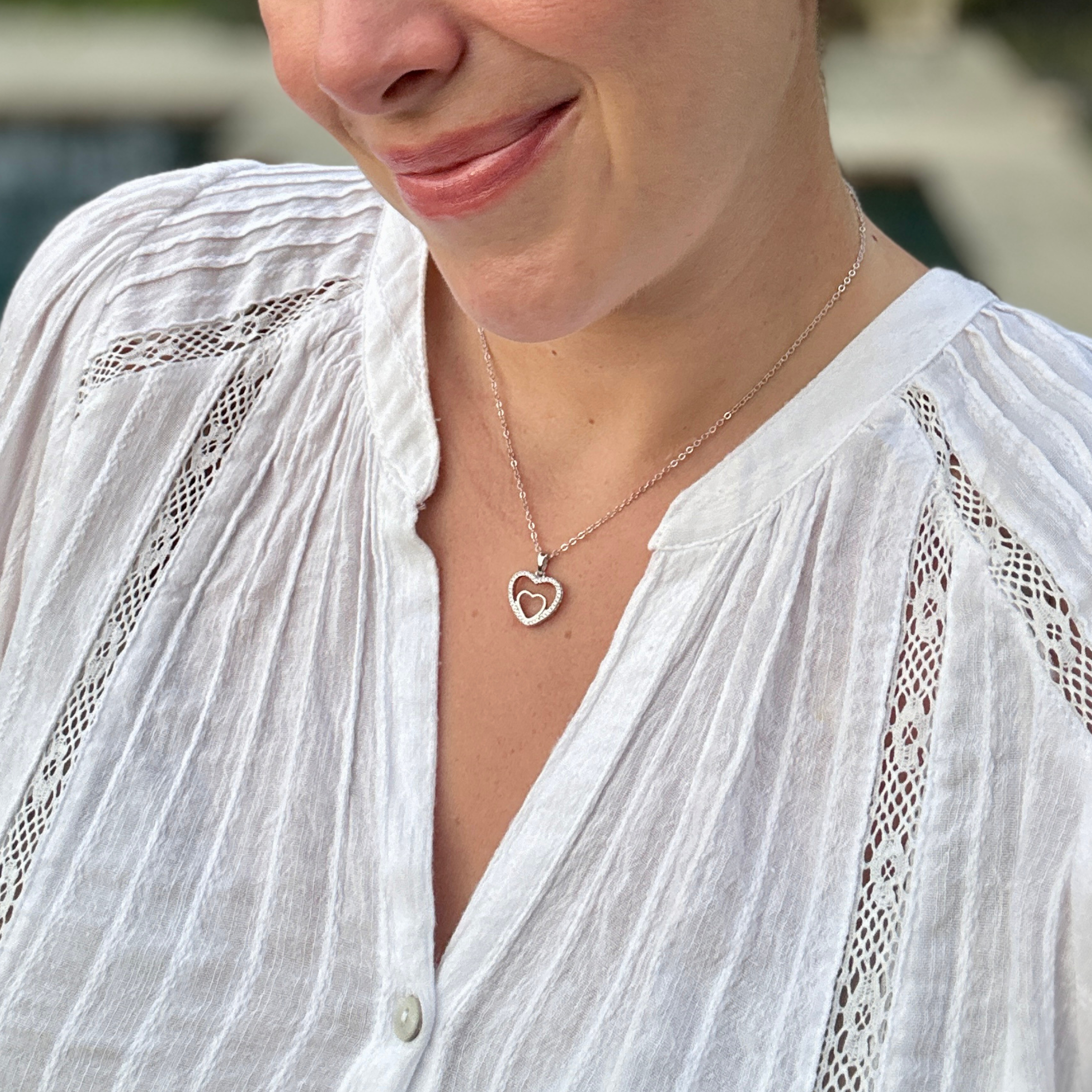 Amorette 18k White Gold Plated Double Heart Pendant Necklace with Pave Simulated Diamond Crystals - FAB FAV