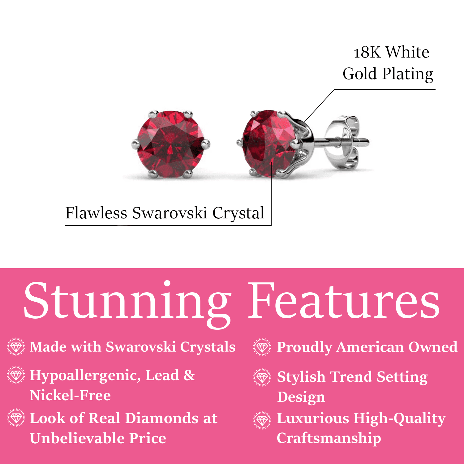 Birthstone Earrings 18k White Gold Plated Stud Earrings with 1CT Swarovski Crystals