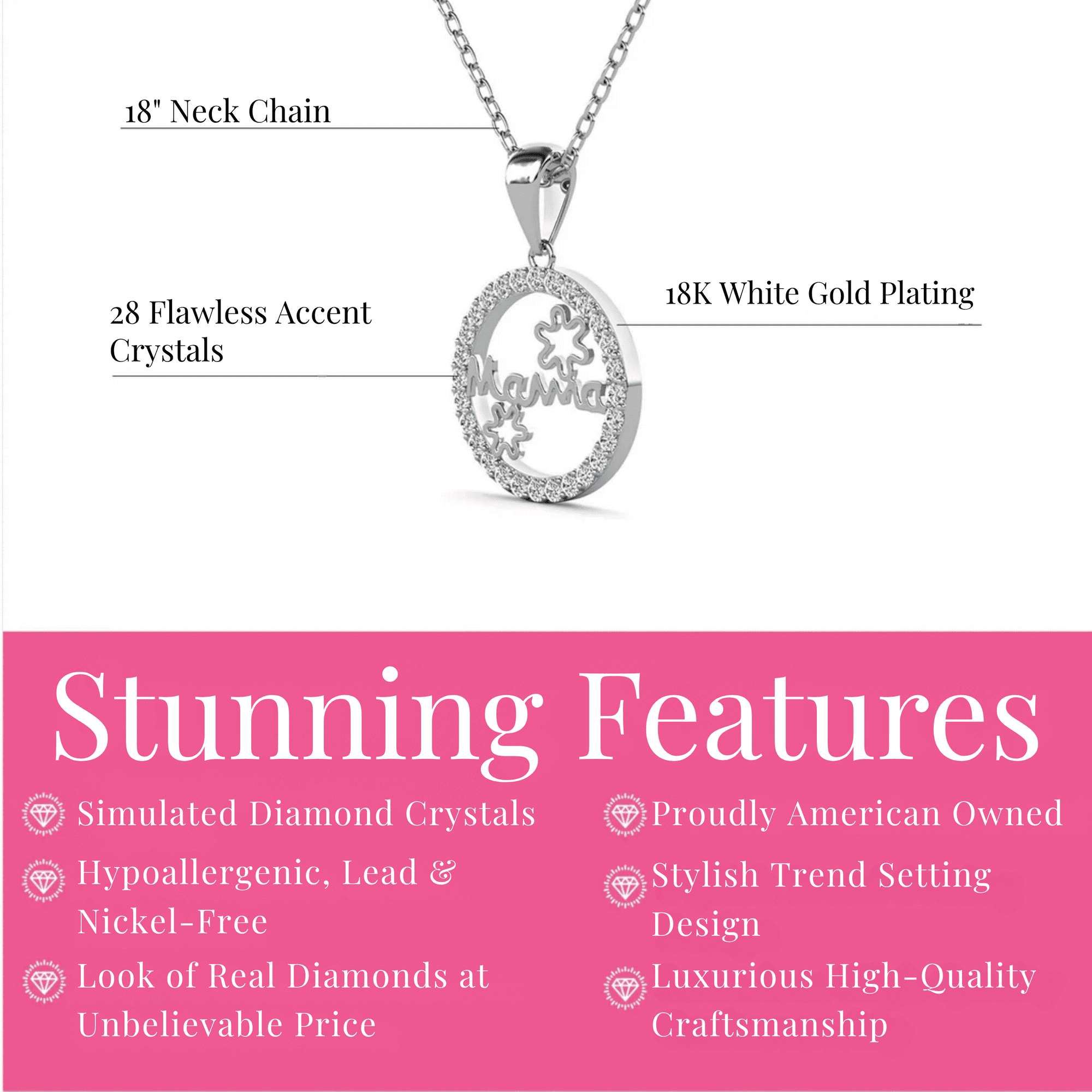 Willa 18k White Gold Plated Circle Mama Necklace with Swarovski Crystals & Heartfelt Message for Mom