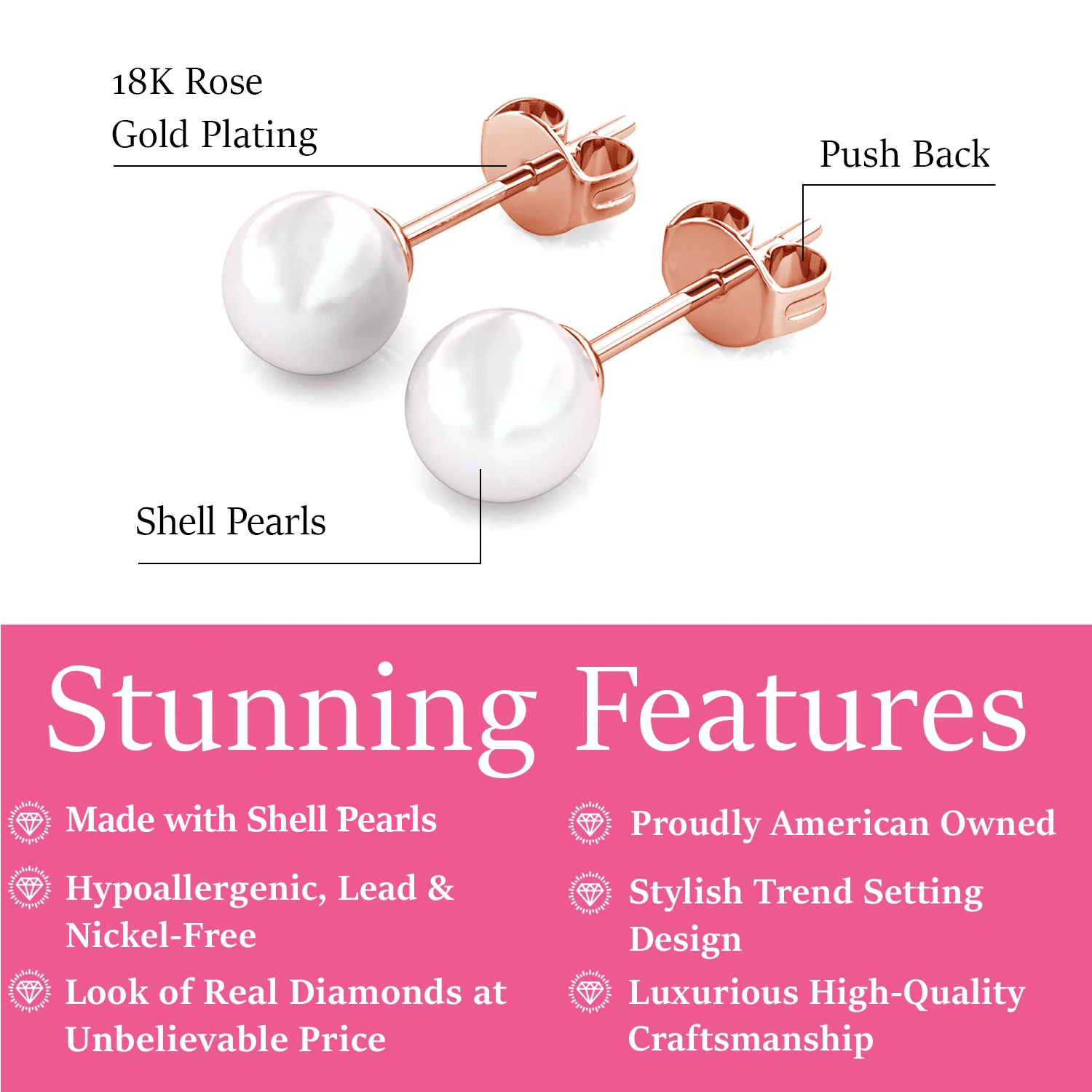 Vivienne 18k White Gold Plated Stud Earrings with Shell Pearls