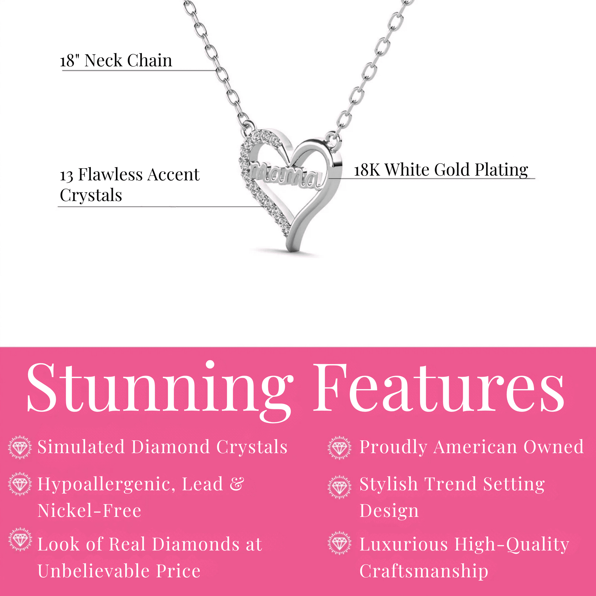 Louise 18k White Gold Plated Mama Necklace with Swarovski Crystals & Heartfelt Message for Mom