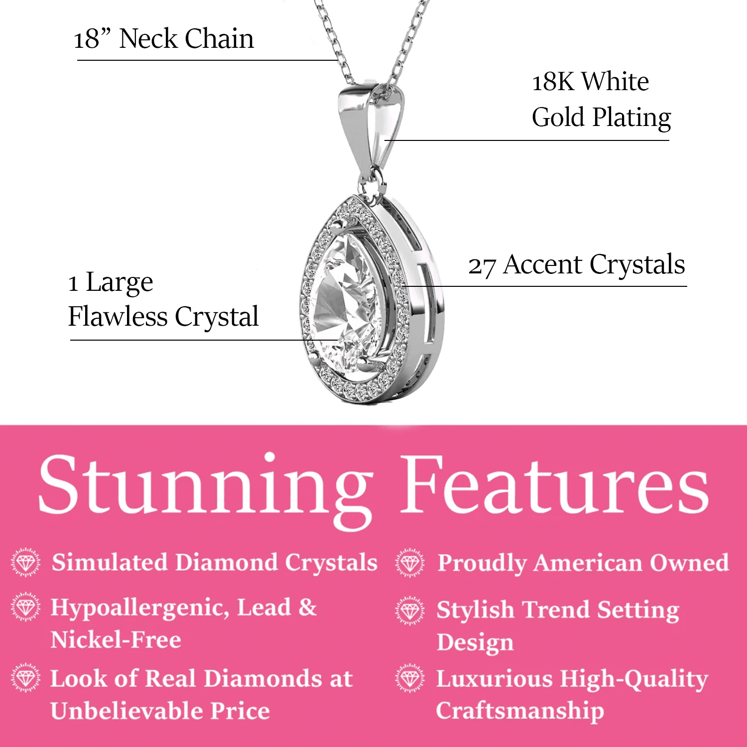 Isabel 18k White Gold Plated Halo Tear drop Necklace with Simulated Diamond Crystal