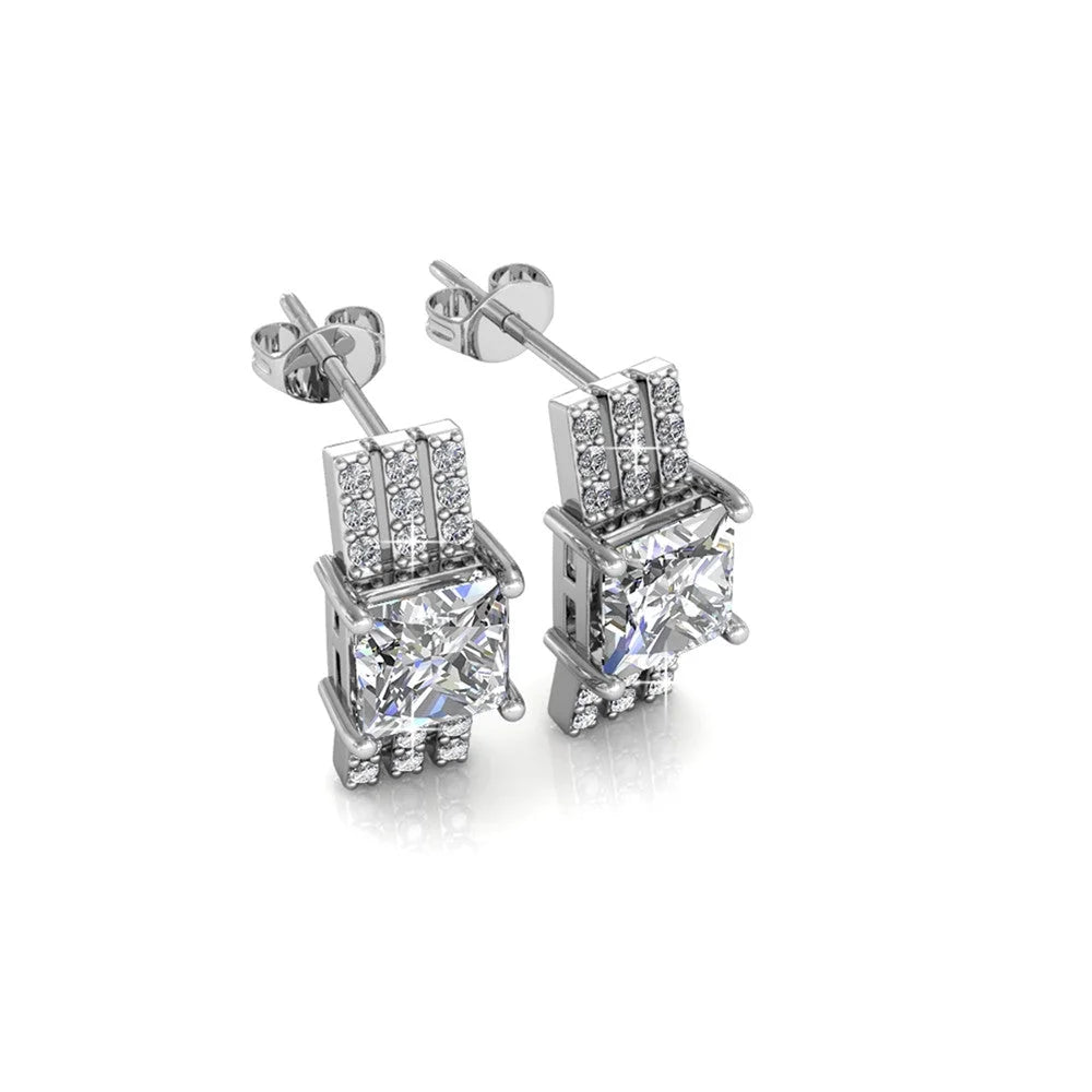 Fiona 18k White Gold Stud Plated Earrings with Princess Cut Swarovski Crystals