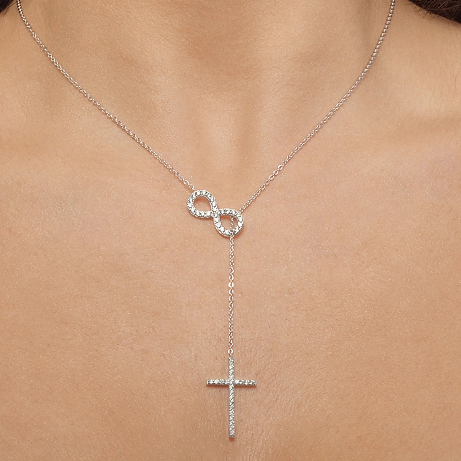 Mary Sterling Silver Infinity Cross Y-Necklace with  Simulated Diamond Crystal