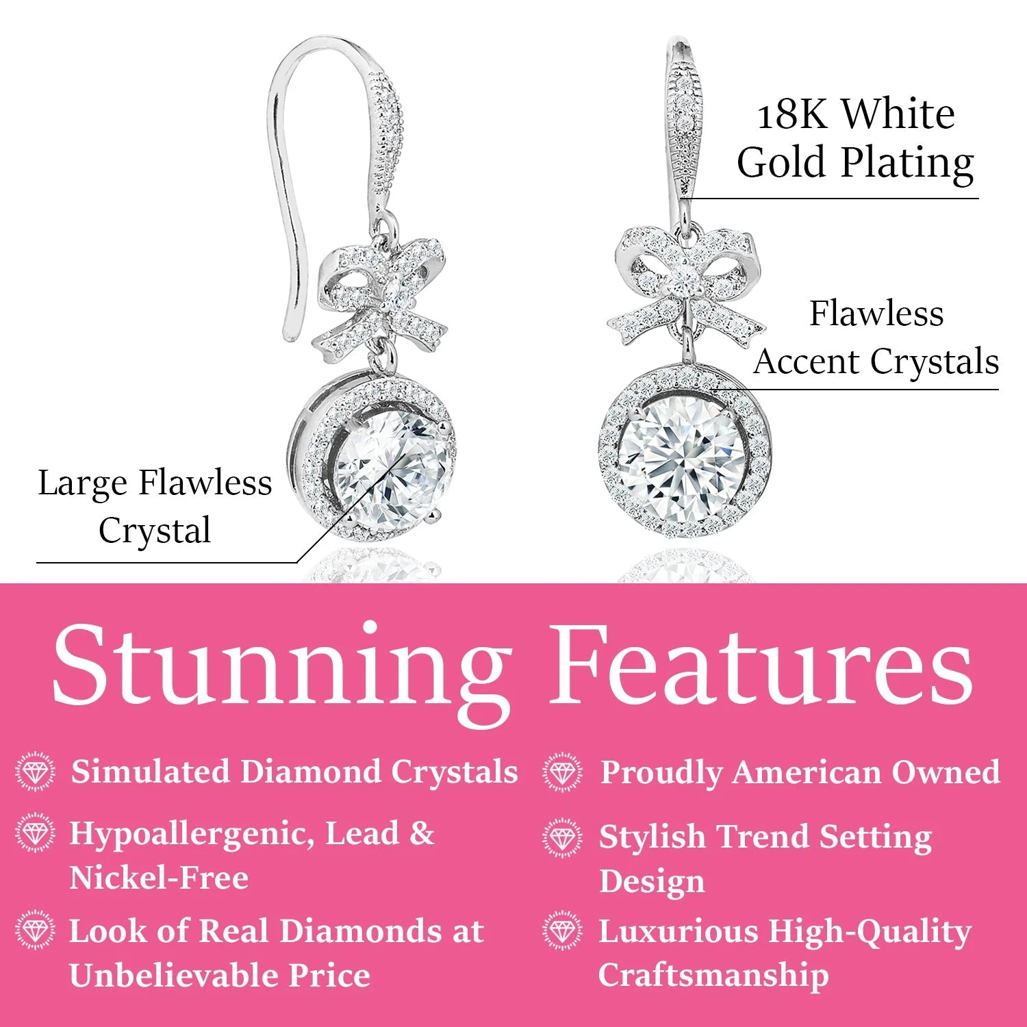 Seraphina 18k White Gold Plated Silver Bow Halo Drop Earrings with Simulated Diamond Crystals — Final Sale