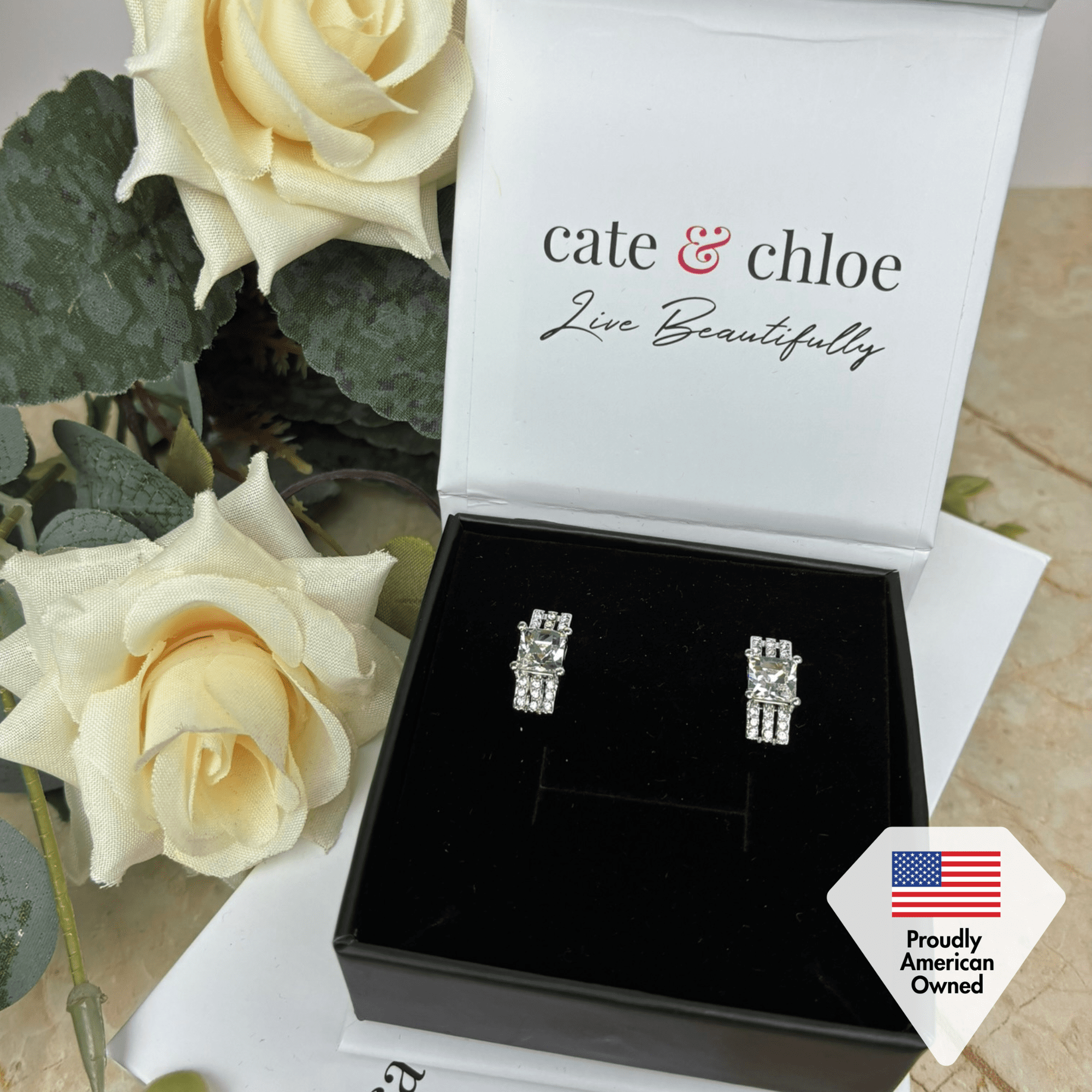 Fiona 18k White Gold Stud Plated Earrings with Princess Cut Swarovski Crystals