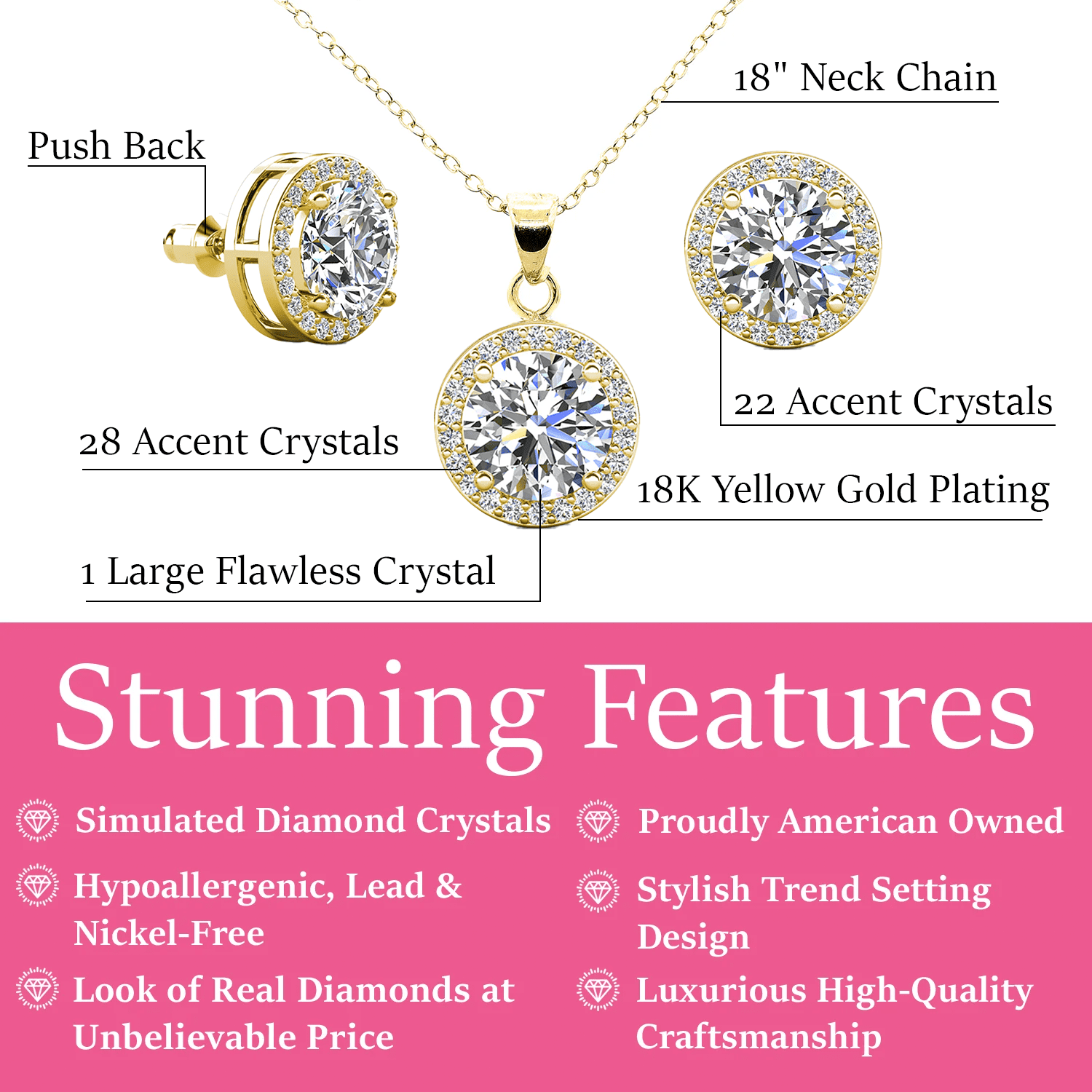 Ariel 18k White Gold Plated Halo Stud Earrings and Necklace Jewelry Set with Simulated Diamond Crystals