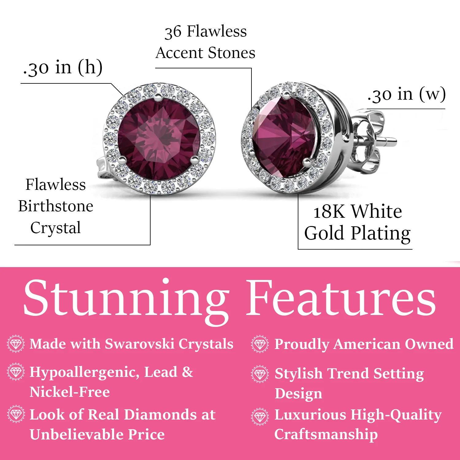 Royal 18k White Gold Plated Birthstone Halo Earrings with Round Cut Swarovski Crystals