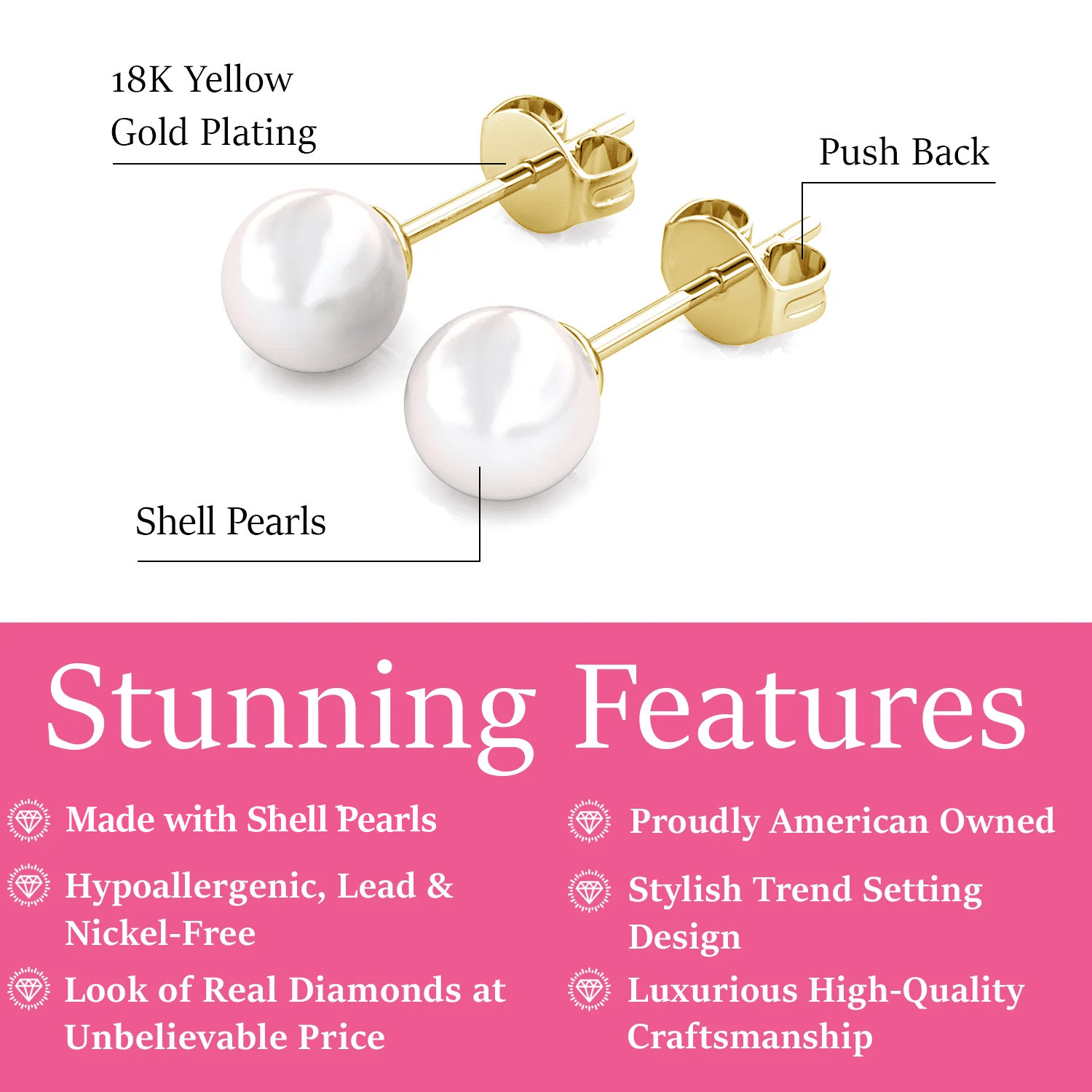 Vivienne 18k White Gold Plated Stud Earrings with Shell Pearls