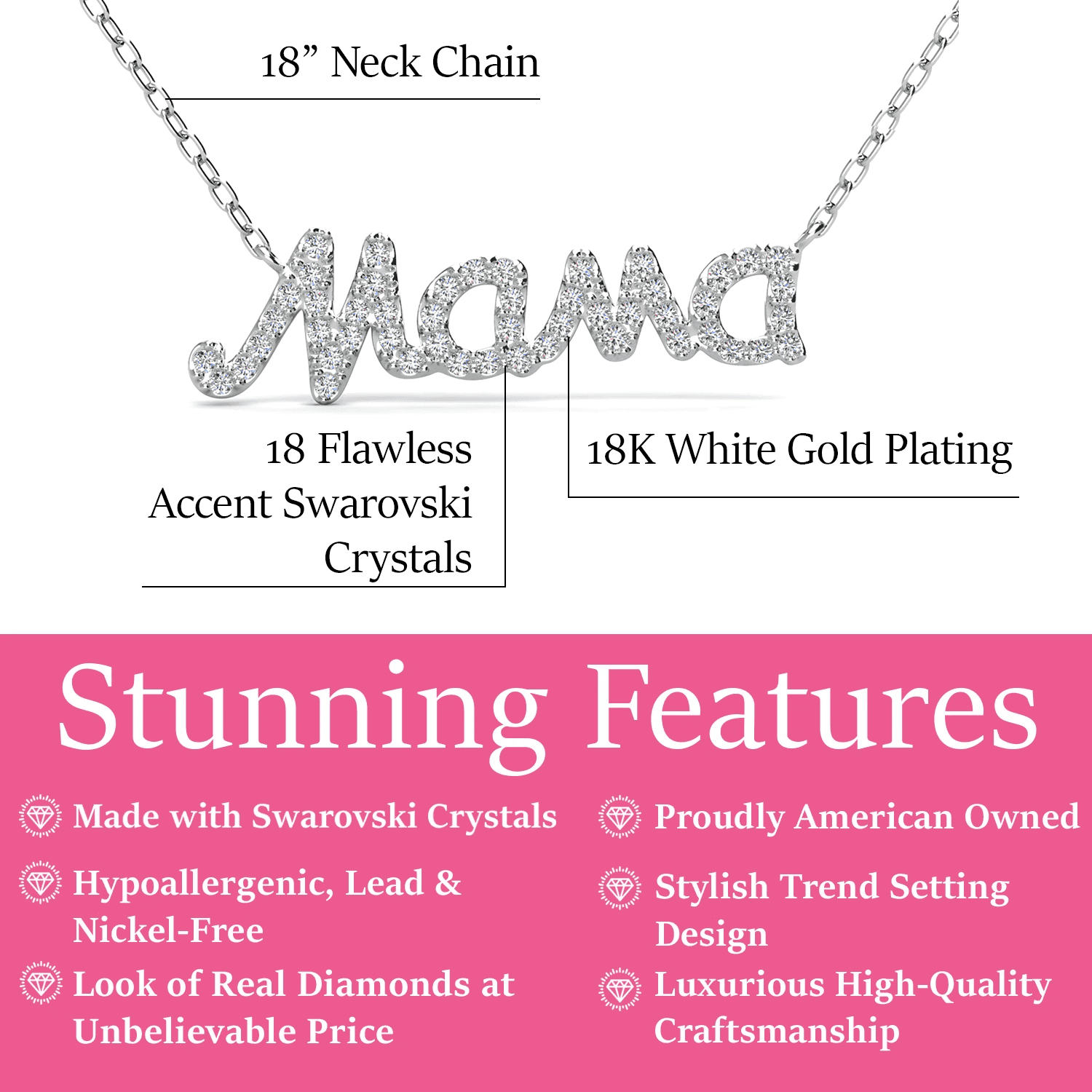 Dorothy 18k White Gold Plated Mama Necklace with Swarovski Crystals & Heartfelt Message for Mom