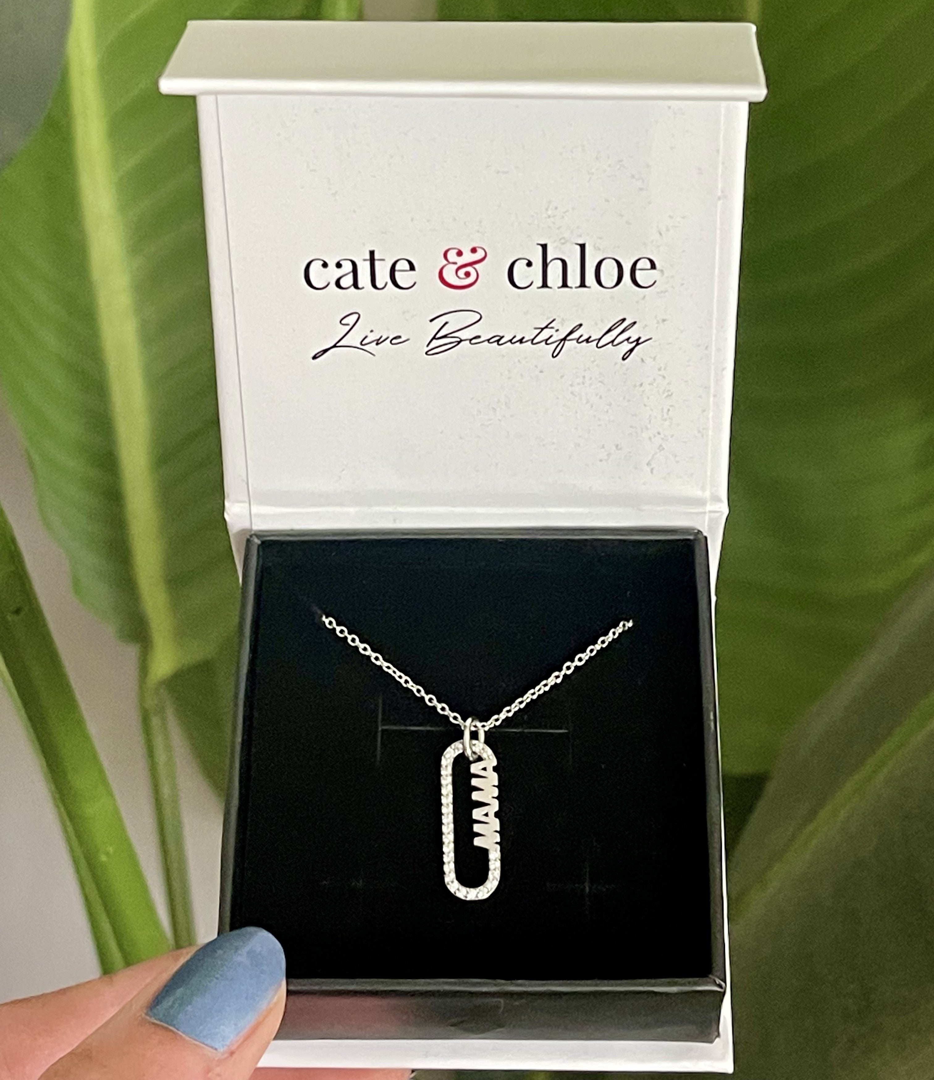 Elaine 18k White Gold Plated Mama Pendant Necklace with Simulated Diamond Crystals