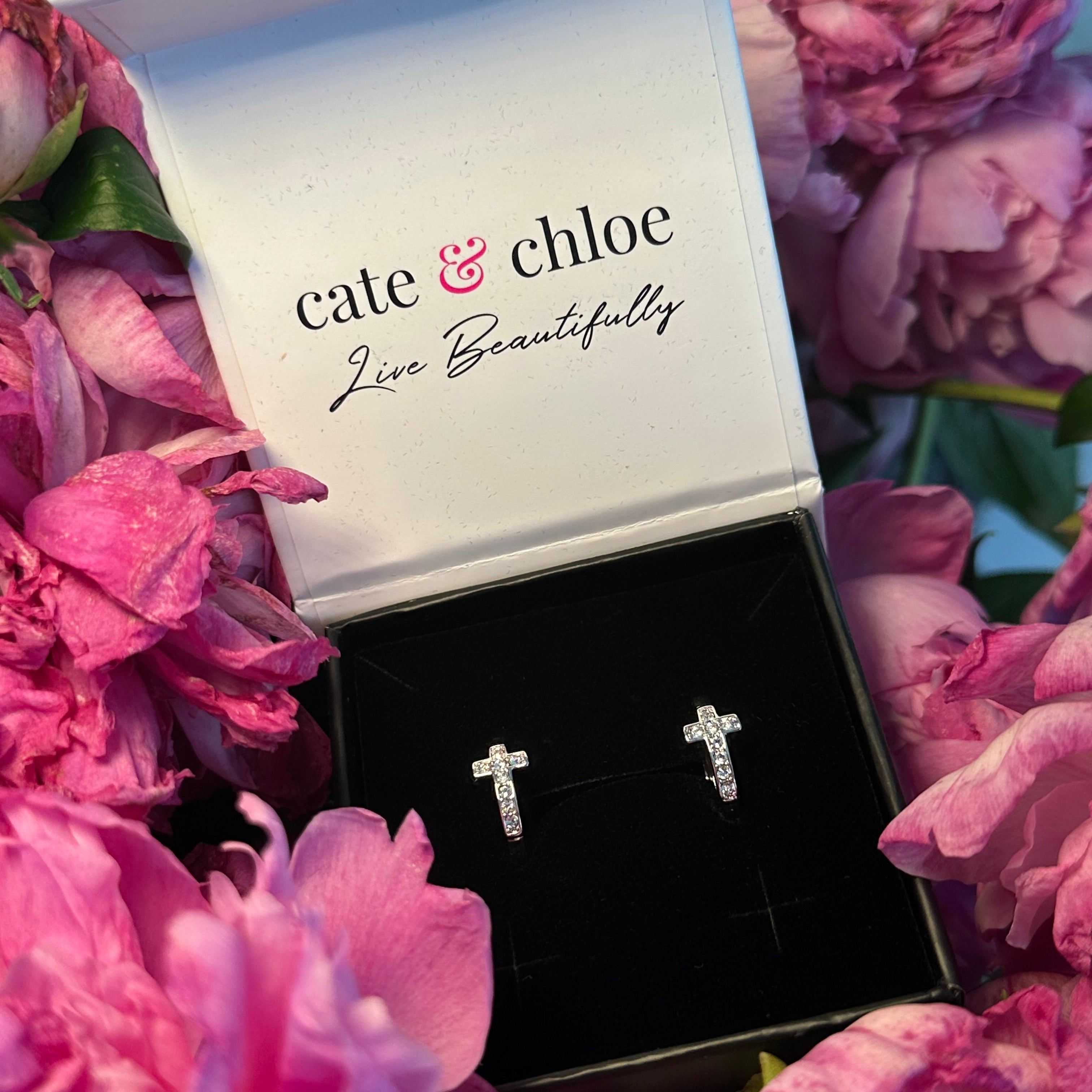 Danielle 18k White Gold Plated 18mm Hoop Cross Earrings with Swarovski Crystals