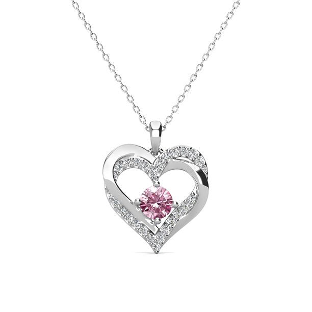 Forever 18k White Gold Plated Birthstone Double Heart Necklace with Swarovski Crystals