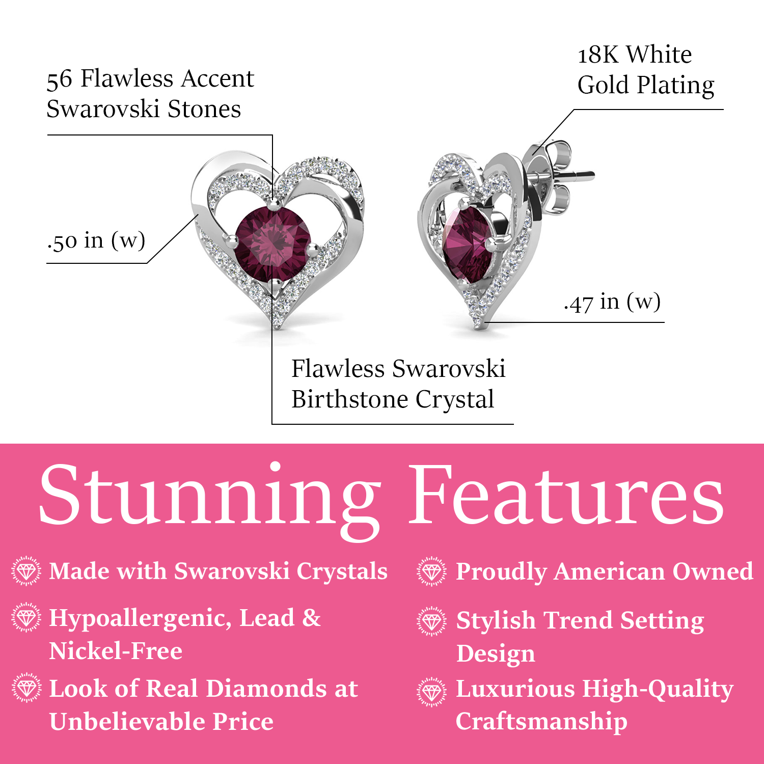 Forever 18k White Gold Plated Birthstone Double Heart Earrings with Crystals