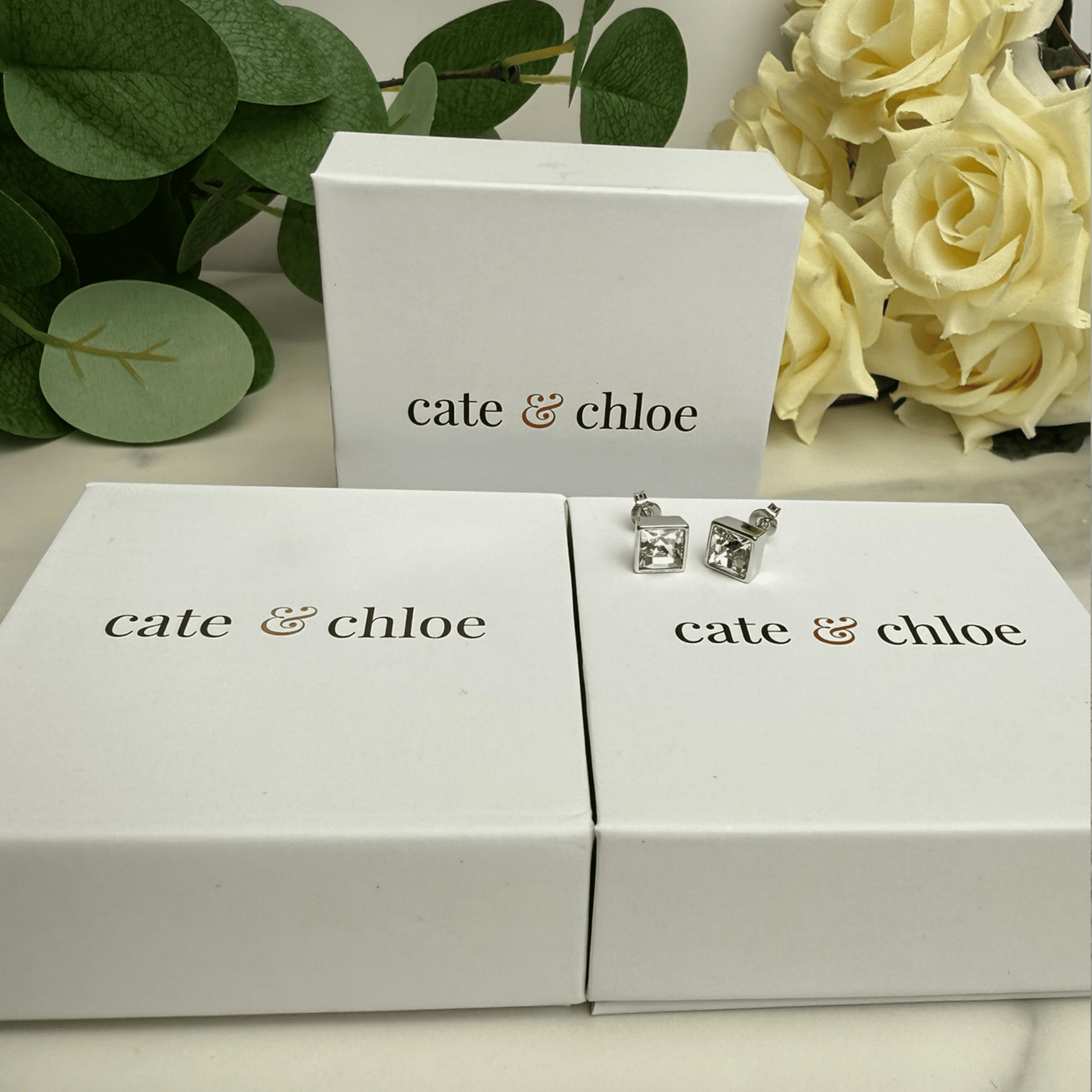 Brooke 18k White Gold Plated Stud Earrings with Princess Cut Swarovski Crystals