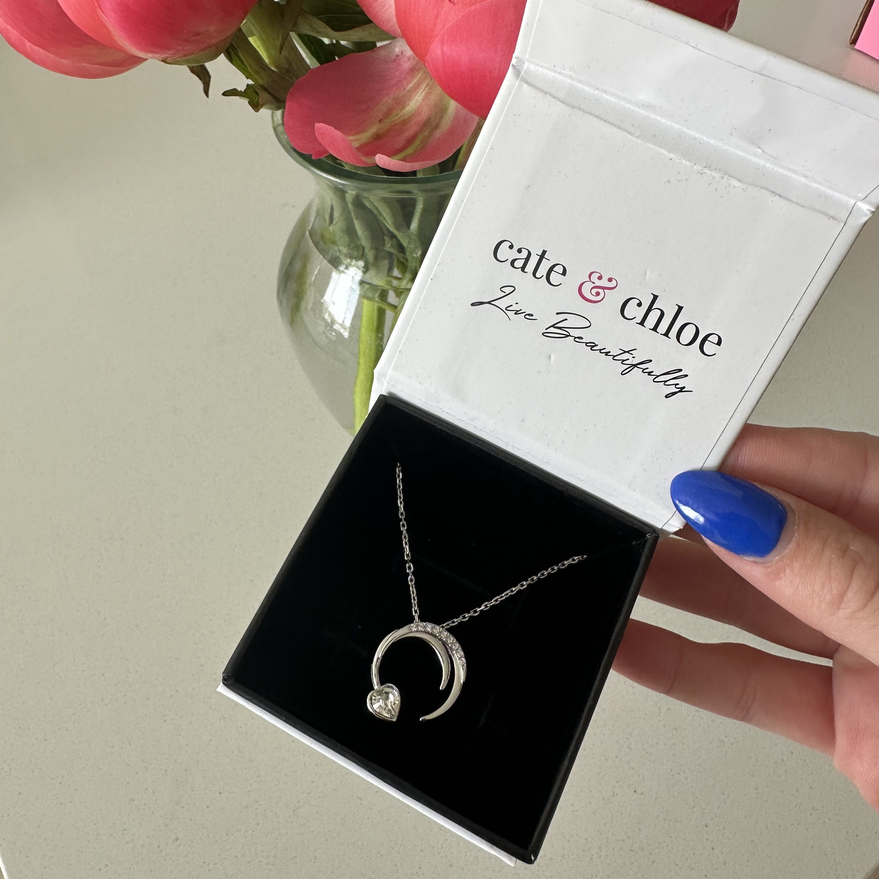 Aelin 18k White Gold Plated Crescent Heart Pendant Necklace with Swarovski Crystals