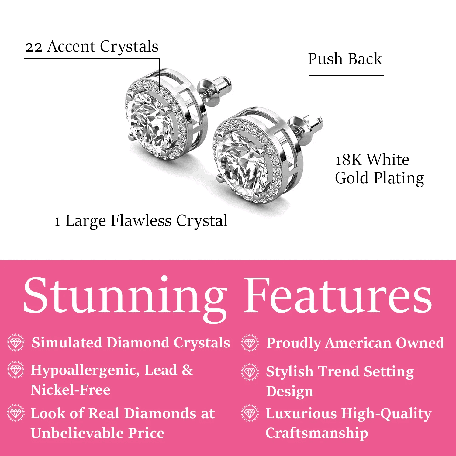 Ariel 18k White Gold Plated Halo Stud Earrings with Simulated Diamond Crystals