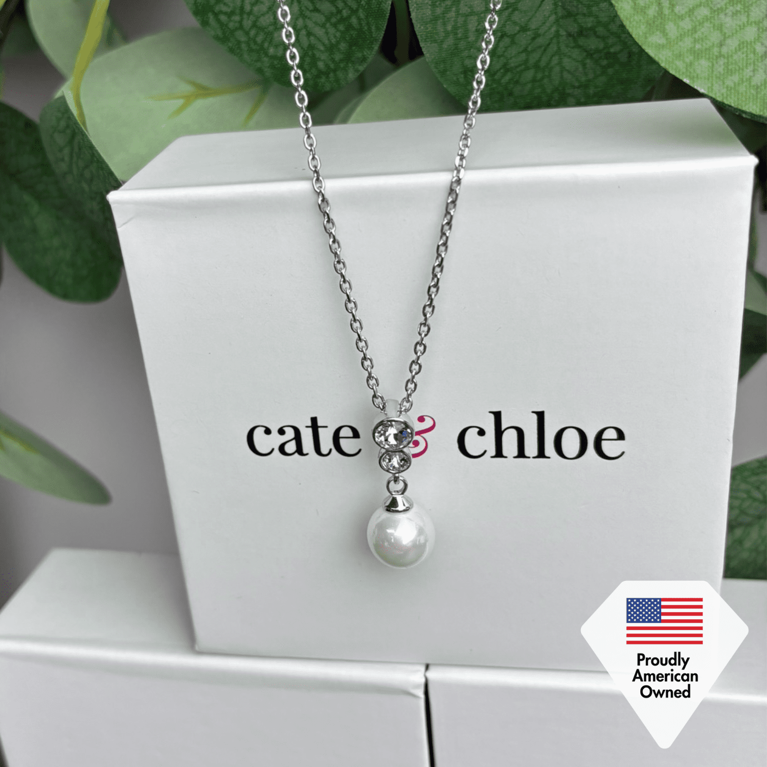 Genevieve 18k White Gold Plated Pearl Pendant Necklace with Swarovski Crystals