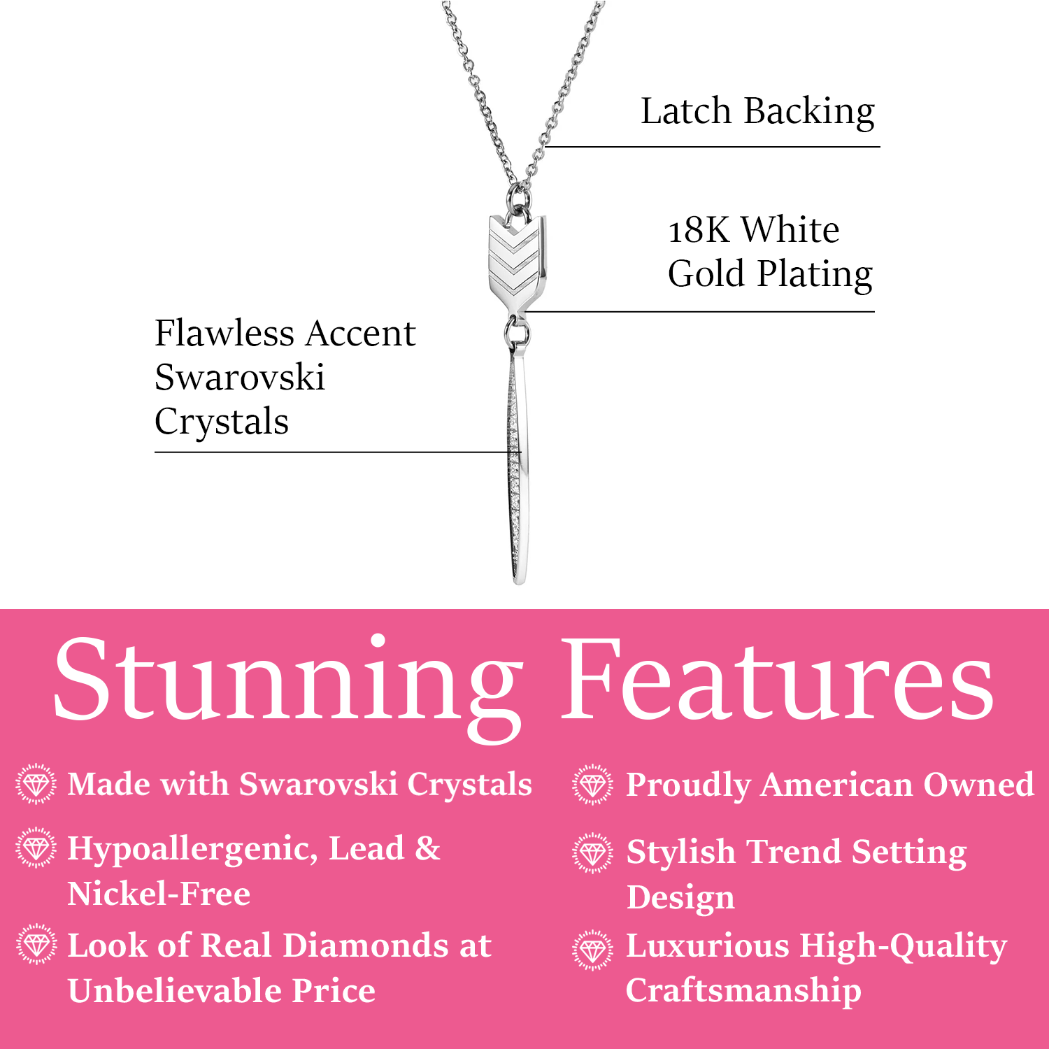 Addison 18k White Gold Plated Arrow Drop Necklace with Simulated Diamond Crystals