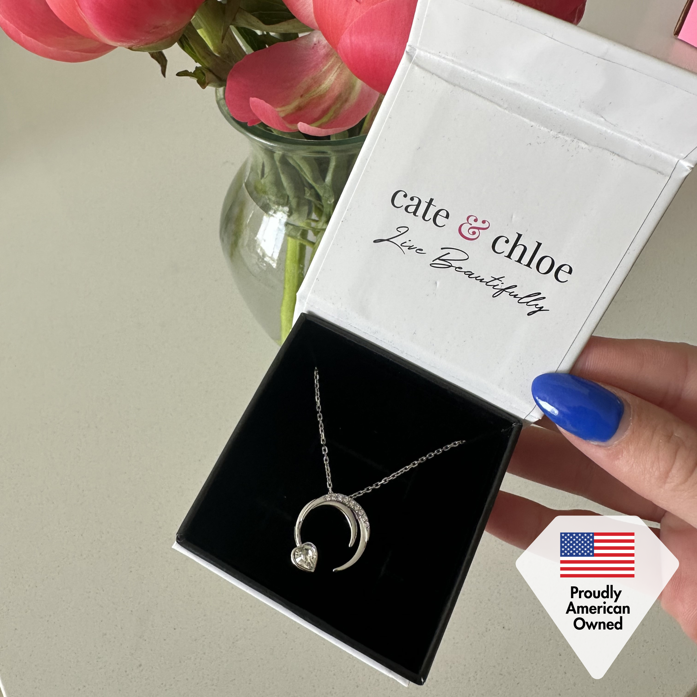 Aelin 18k White Gold Plated Crescent Heart Pendant Necklace with Swarovski Crystals