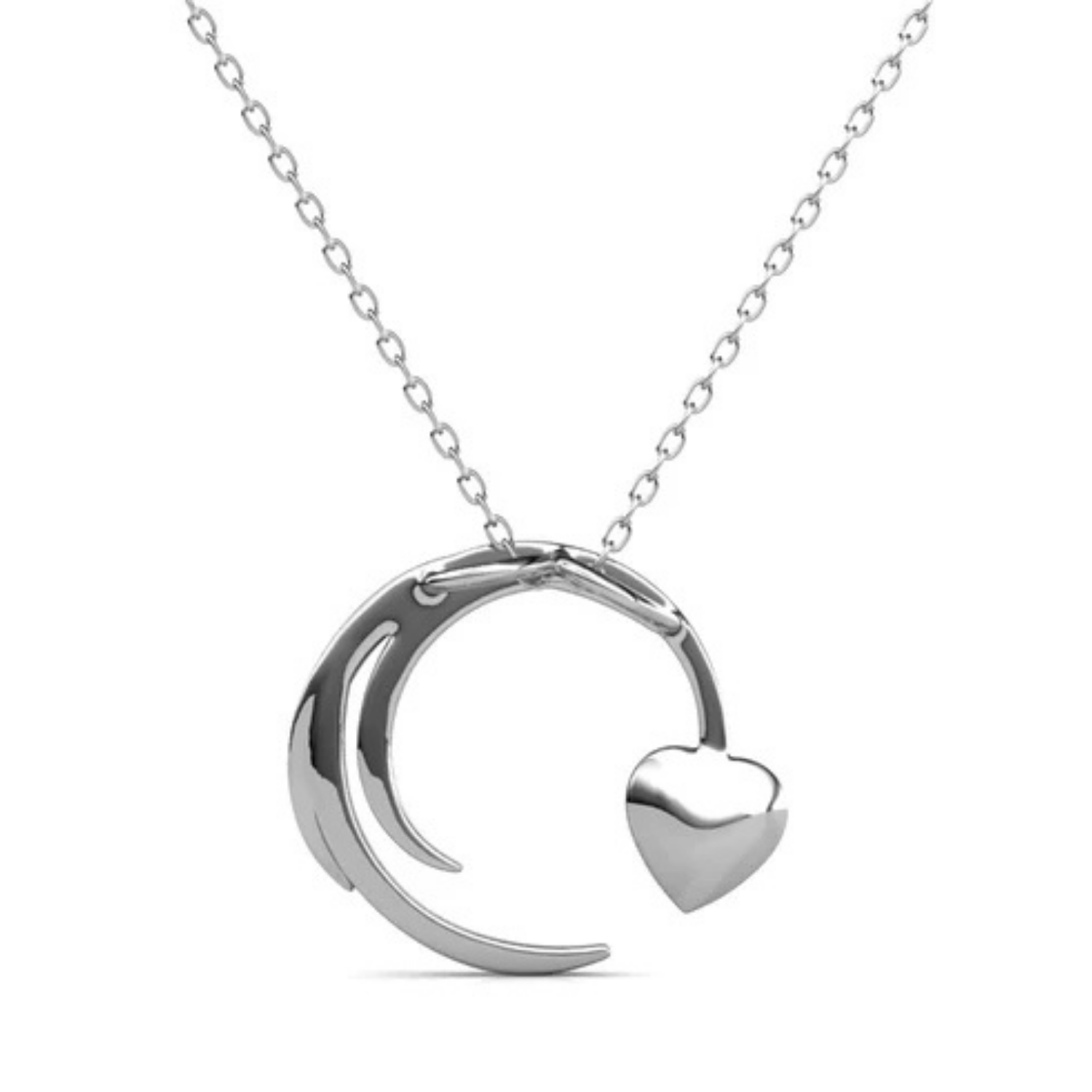 Aelin 18k White Gold Plated Crescent Heart Pendant Necklace with Swarovski Crystals