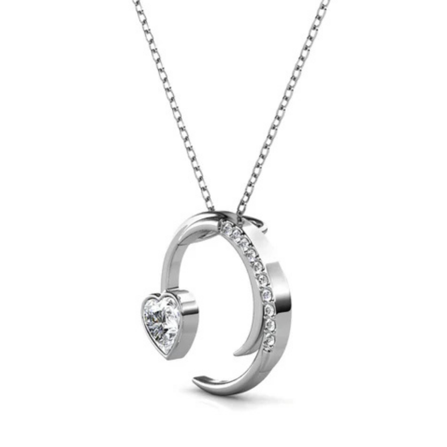 Aelin 18k White Gold Plated Crescent Heart Pendant Necklace with Swarovski Crystals