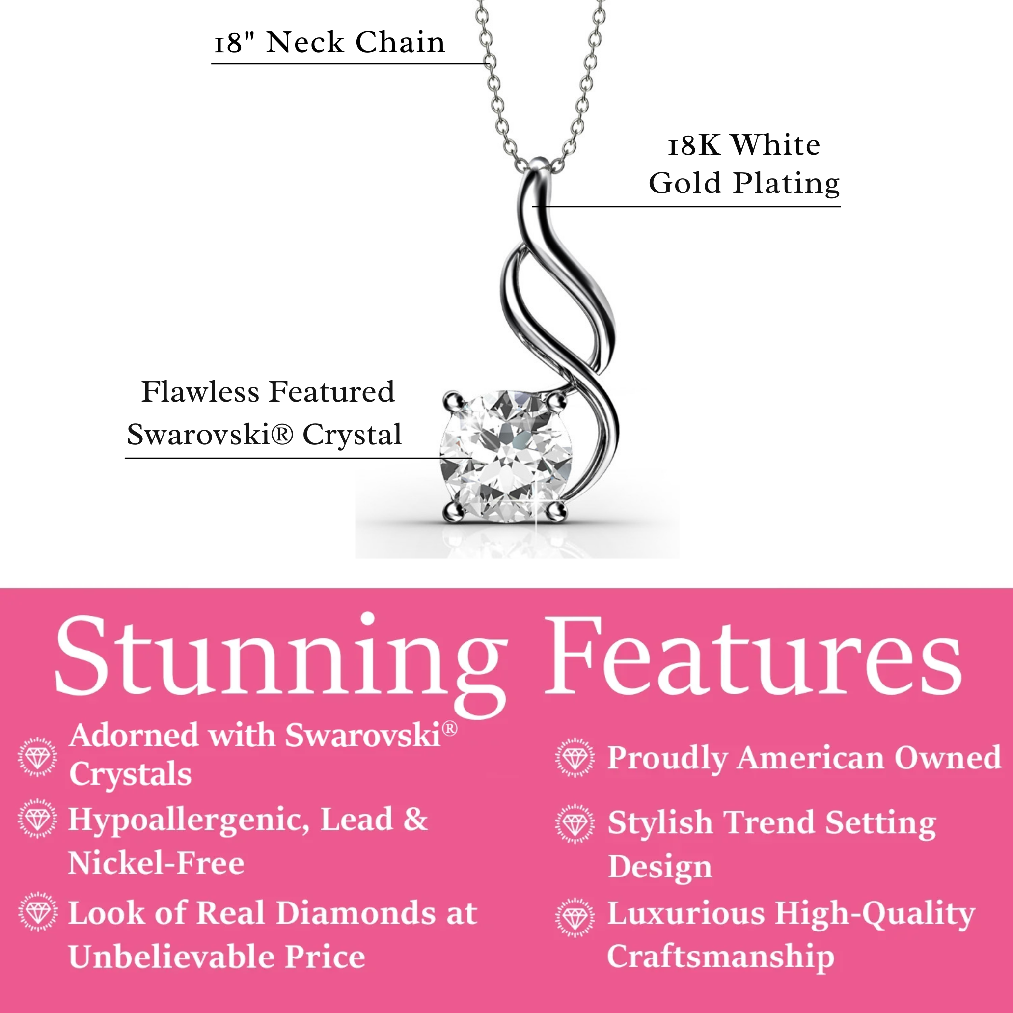 Aerin 18k White Gold Plated Necklace with Round Cut Solitaire Swarovski Crystal